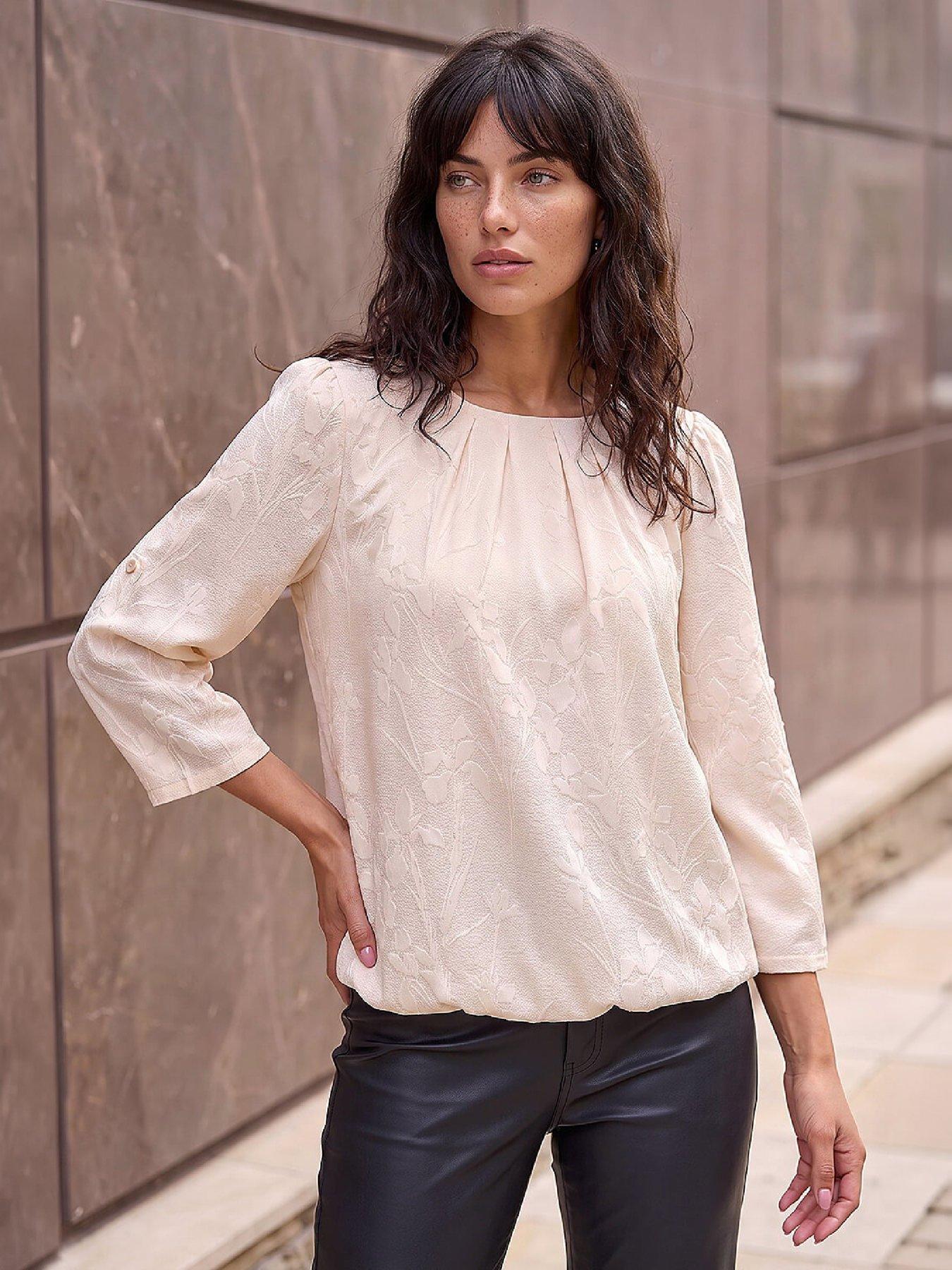 Image 4 of 4 of Roman Womens Jacquard Bubble Hem Roll-Tab Sleeves Blouse - White