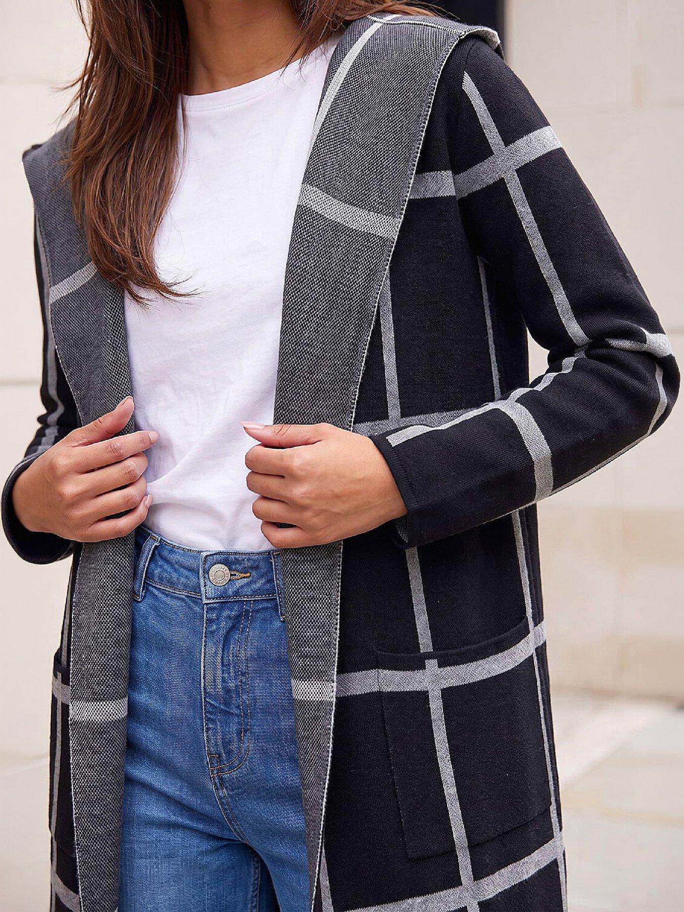 Image 2 of 4 of Roman Womens Longline Contrast Check Cardigan - Black
