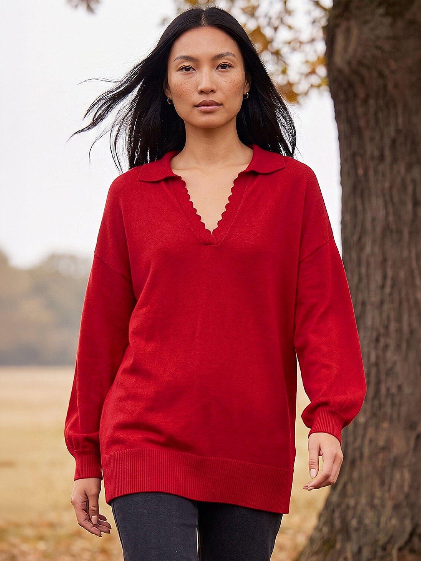Image 1 of 4 of Roman Womens Collared V-Neck Boyfriend Fit Jumper - Red