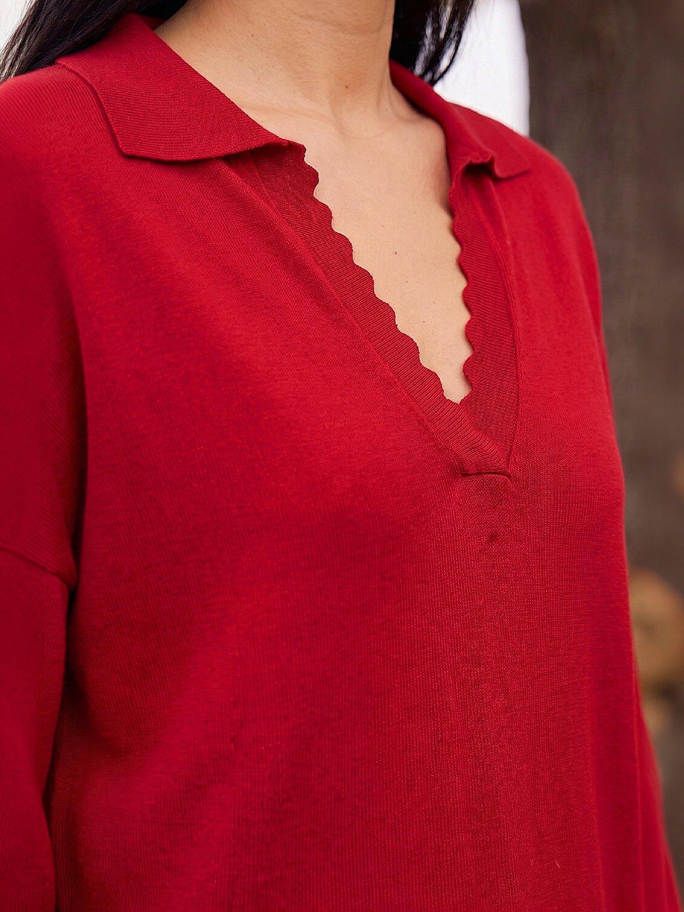 Image 2 of 4 of Roman Womens Collared V-Neck Boyfriend Fit Jumper - Red