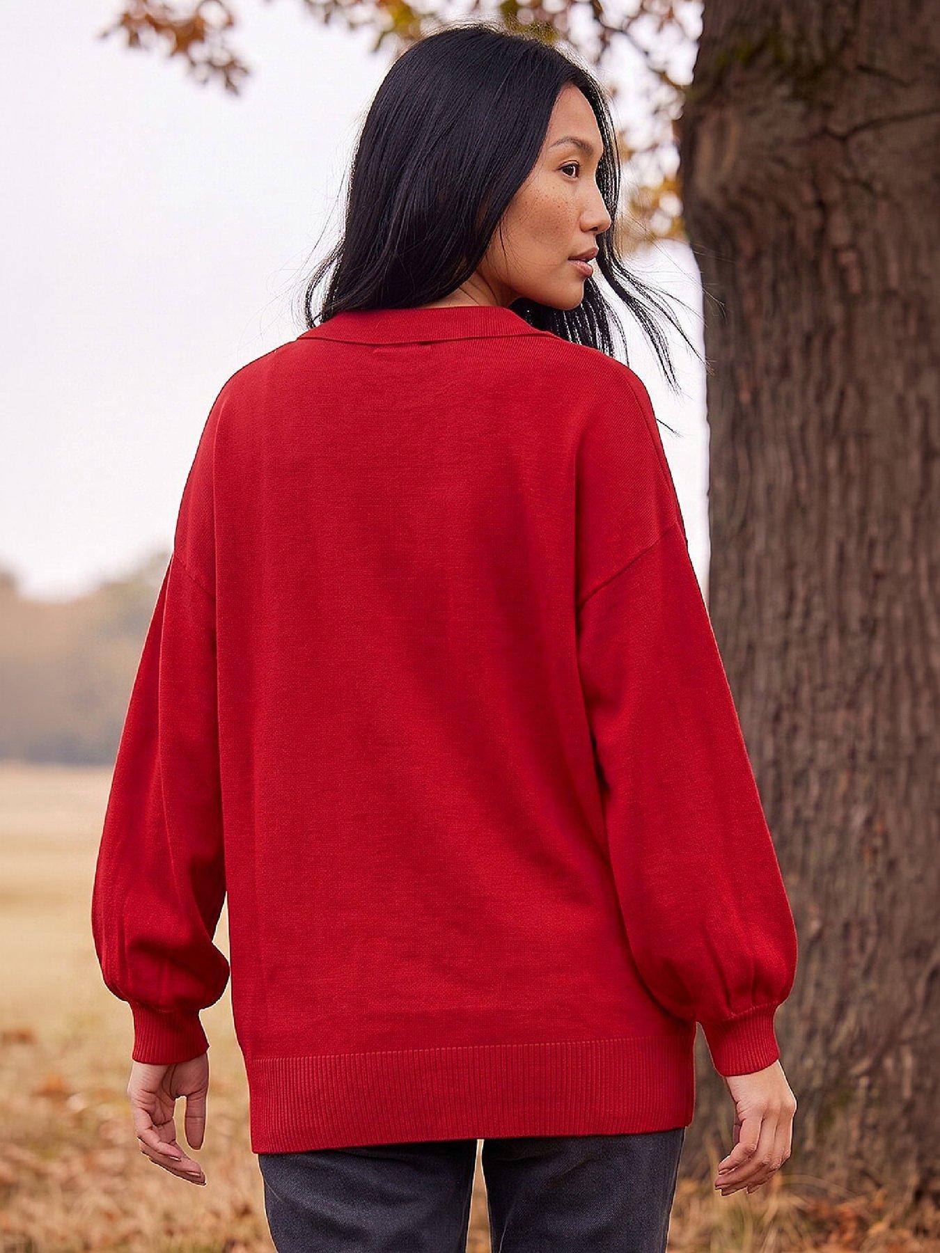 Image 3 of 4 of Roman Womens Collared V-Neck Boyfriend Fit Jumper - Red