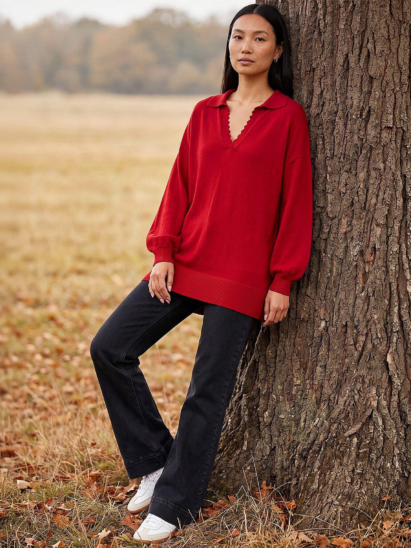 Image 4 of 4 of Roman Womens Collared V-Neck Boyfriend Fit Jumper - Red