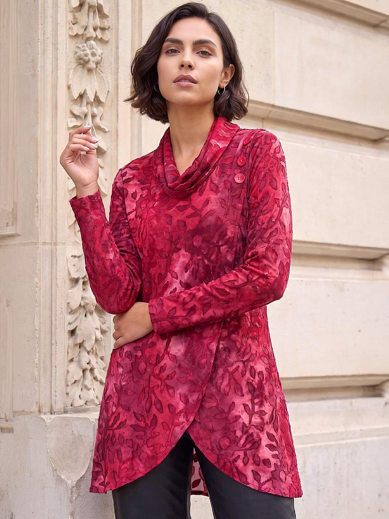 Image 1 of 4 of Roman Womens Burnout Print Split Hem Tunic Top - Red