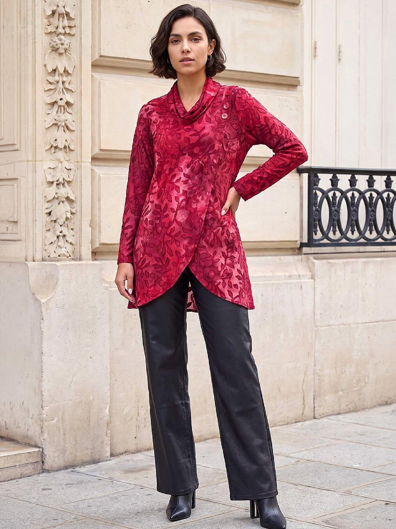 Image 4 of 4 of Roman Womens Burnout Print Split Hem Tunic Top - Red