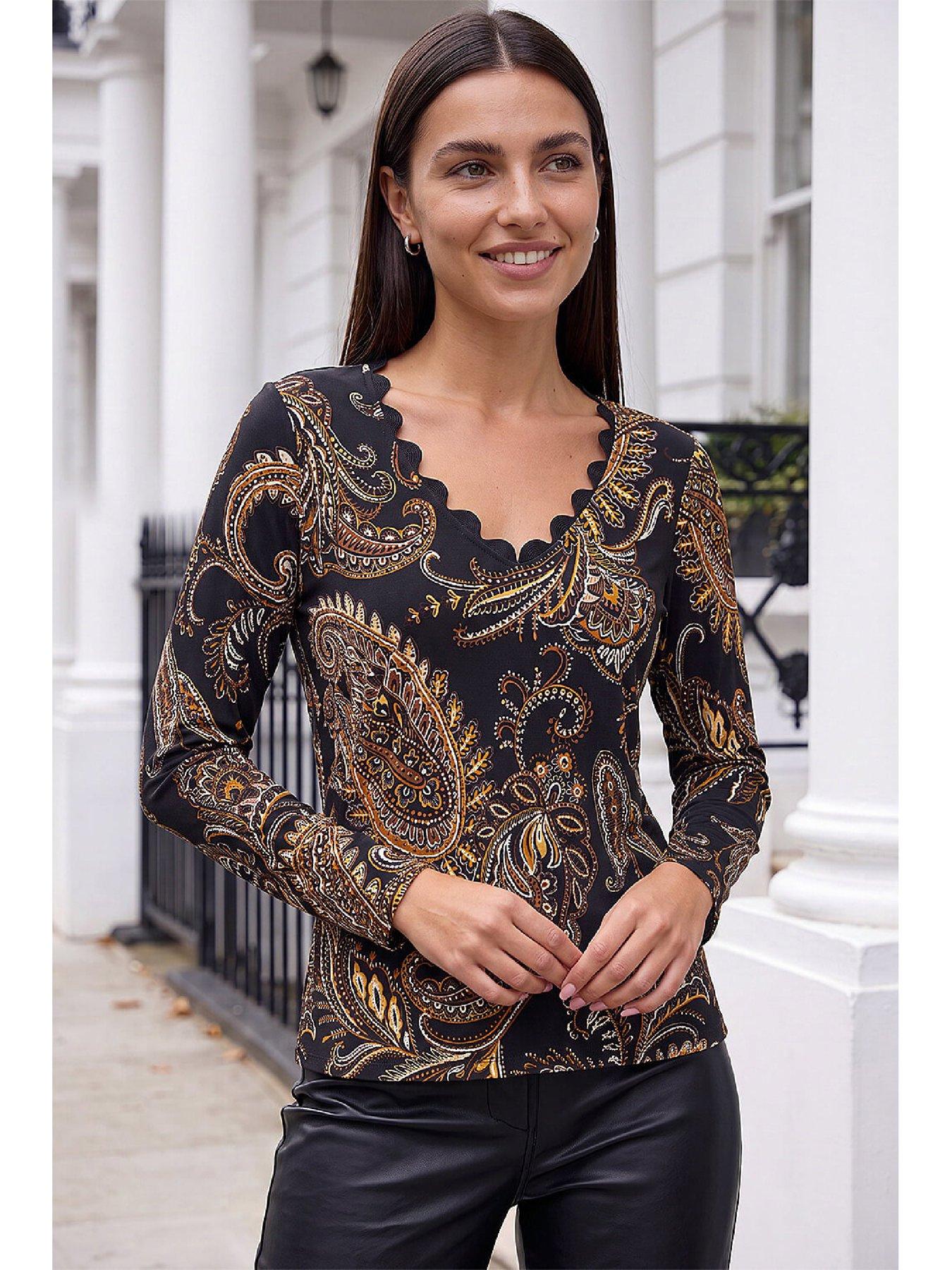 Image 1 of 4 of Roman Womens Paisley Puff Print Stretch Top - Yellow