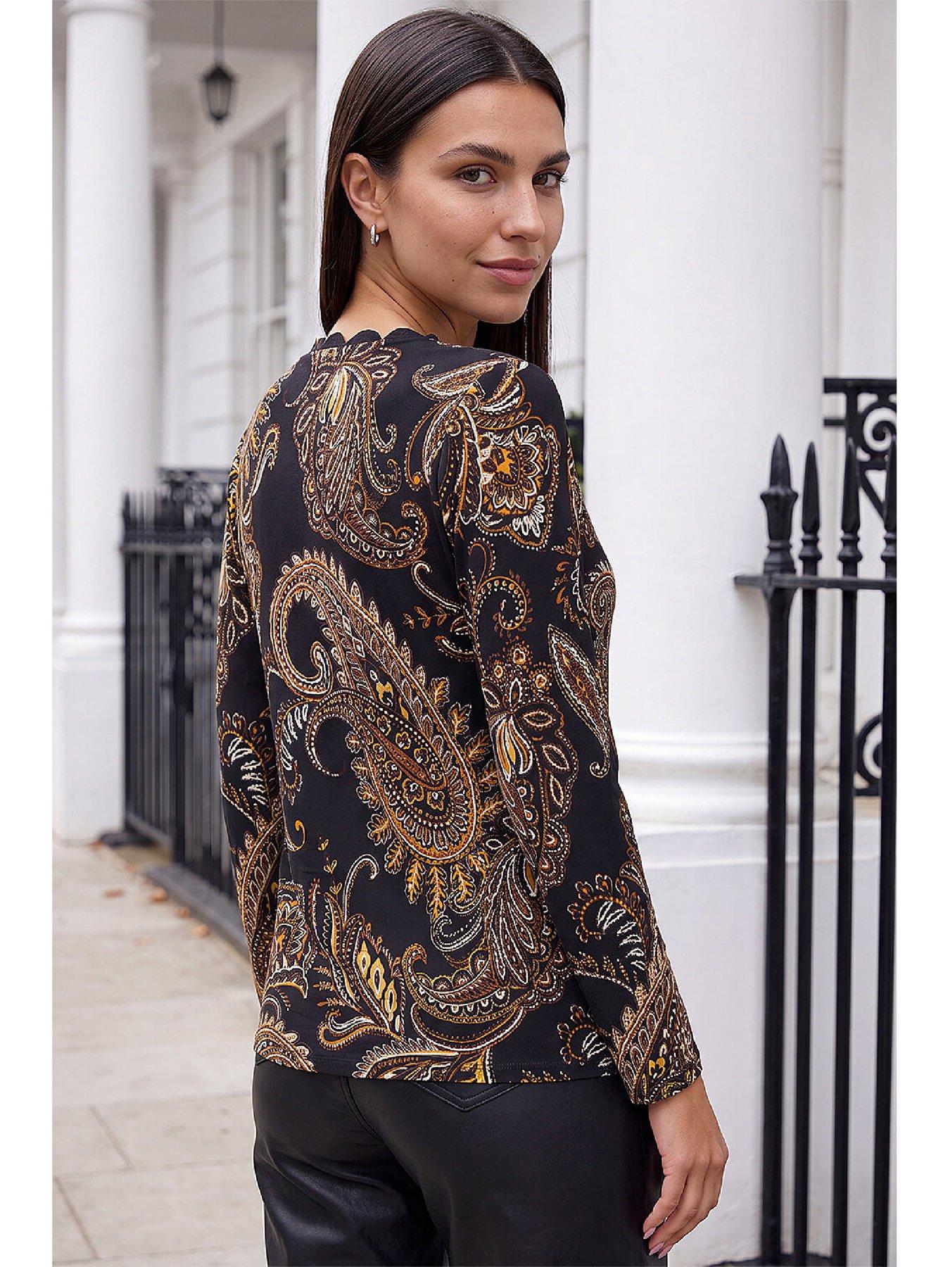 Image 2 of 4 of Roman Womens Paisley Puff Print Stretch Top - Yellow