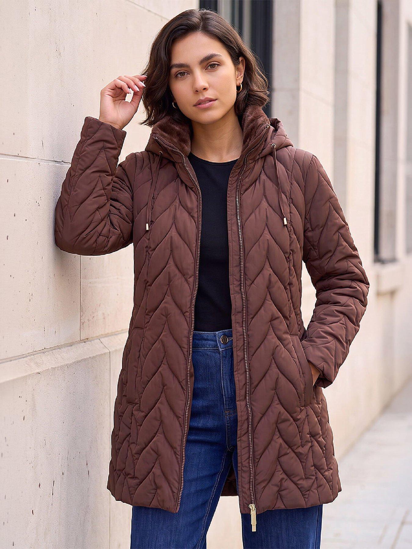 Image 1 of 4 of Roman Womens Zig Zag Padded Collar Coat - Brown