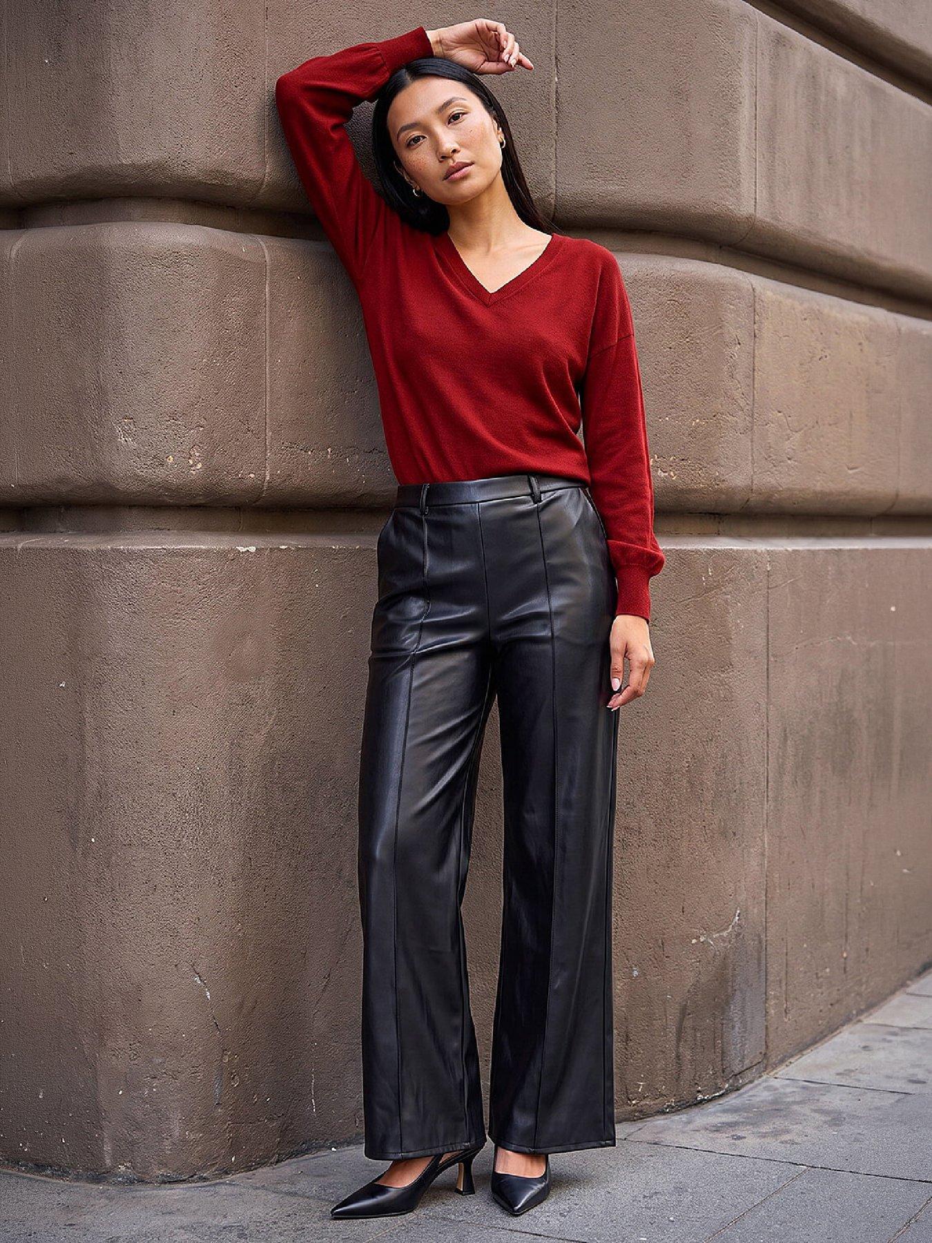 Image 1 of 4 of Roman Womens Pintuck Wide Leg Pull On Trousers - Black