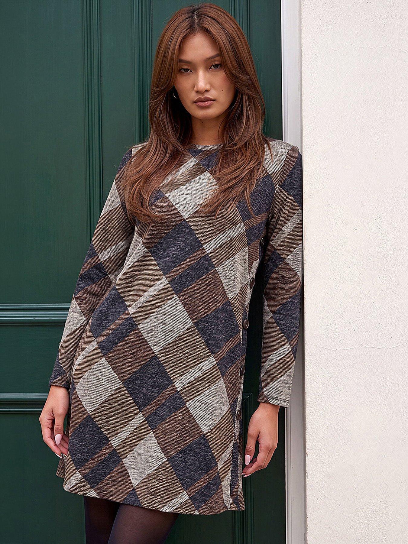 Image 1 of 4 of Roman Check Side Button Dress