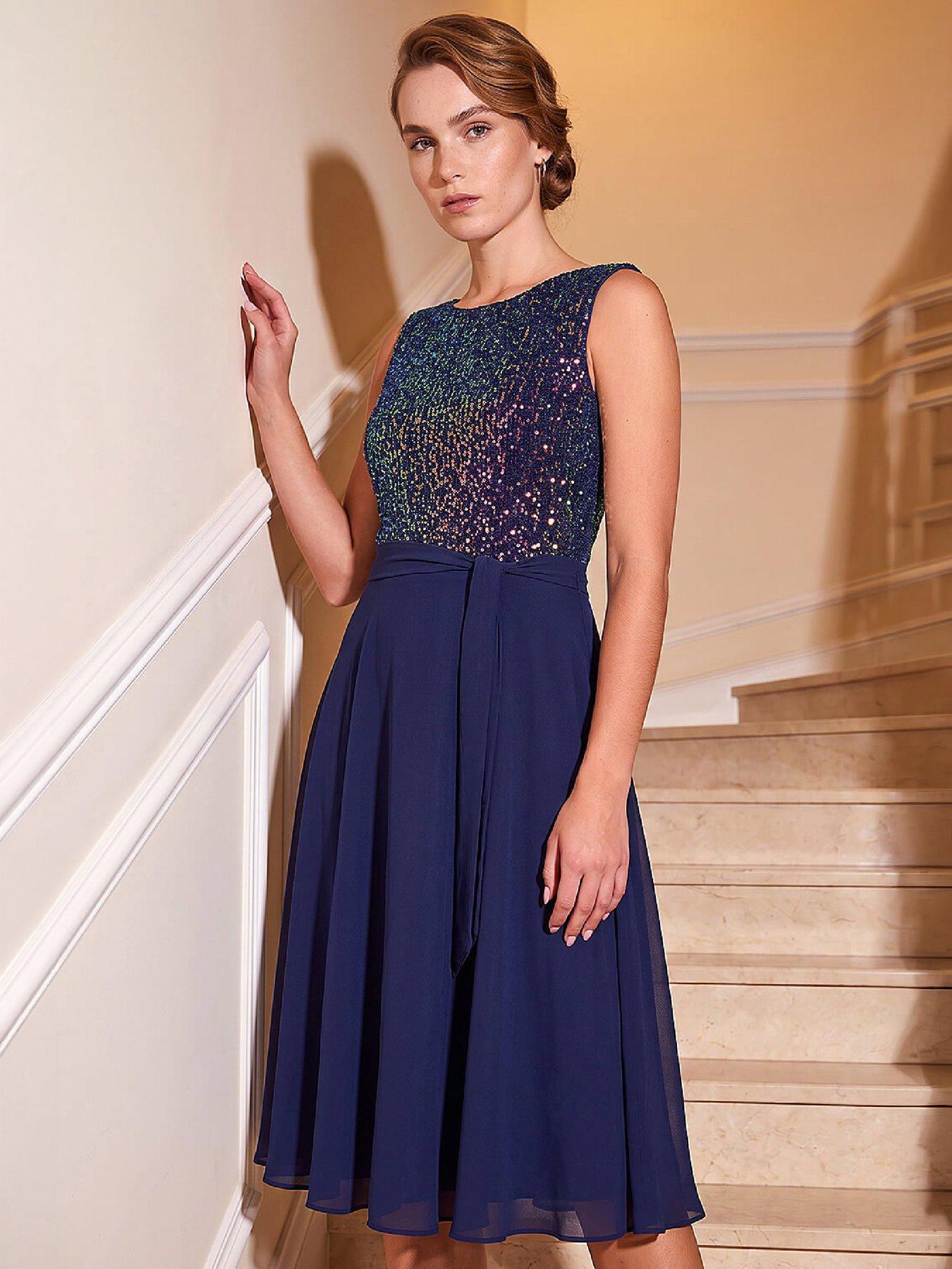 Image 1 of 4 of Roman Womens Sequin Bodice Knee Length Dress - Blue