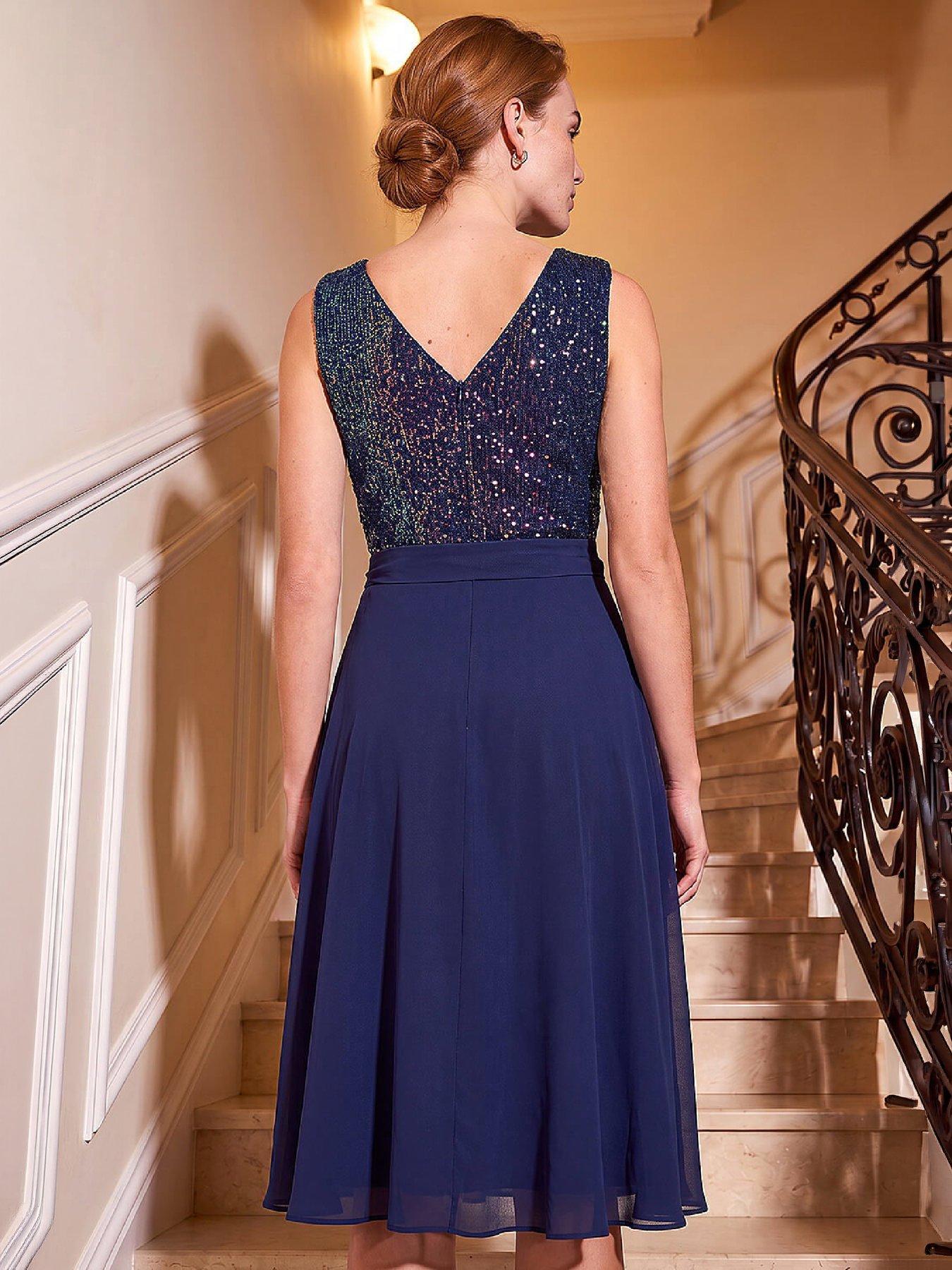Image 2 of 4 of Roman Womens Sequin Bodice Knee Length Dress - Blue