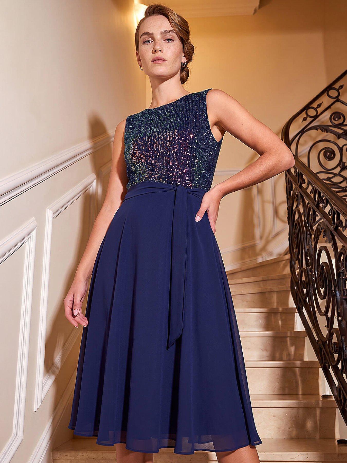 Image 3 of 4 of Roman Womens Sequin Bodice Knee Length Dress - Blue