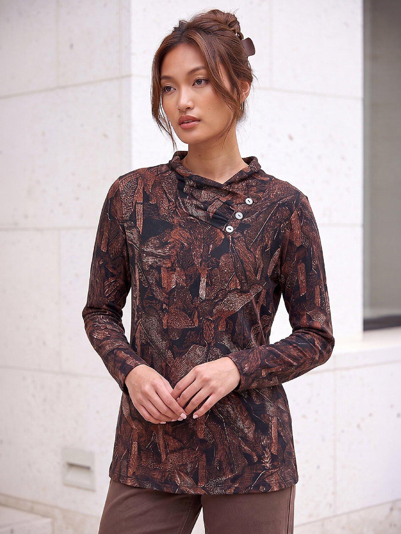 Image 1 of 4 of Roman Womens Wool-Touch Print Button Cowl Blouse - Orange