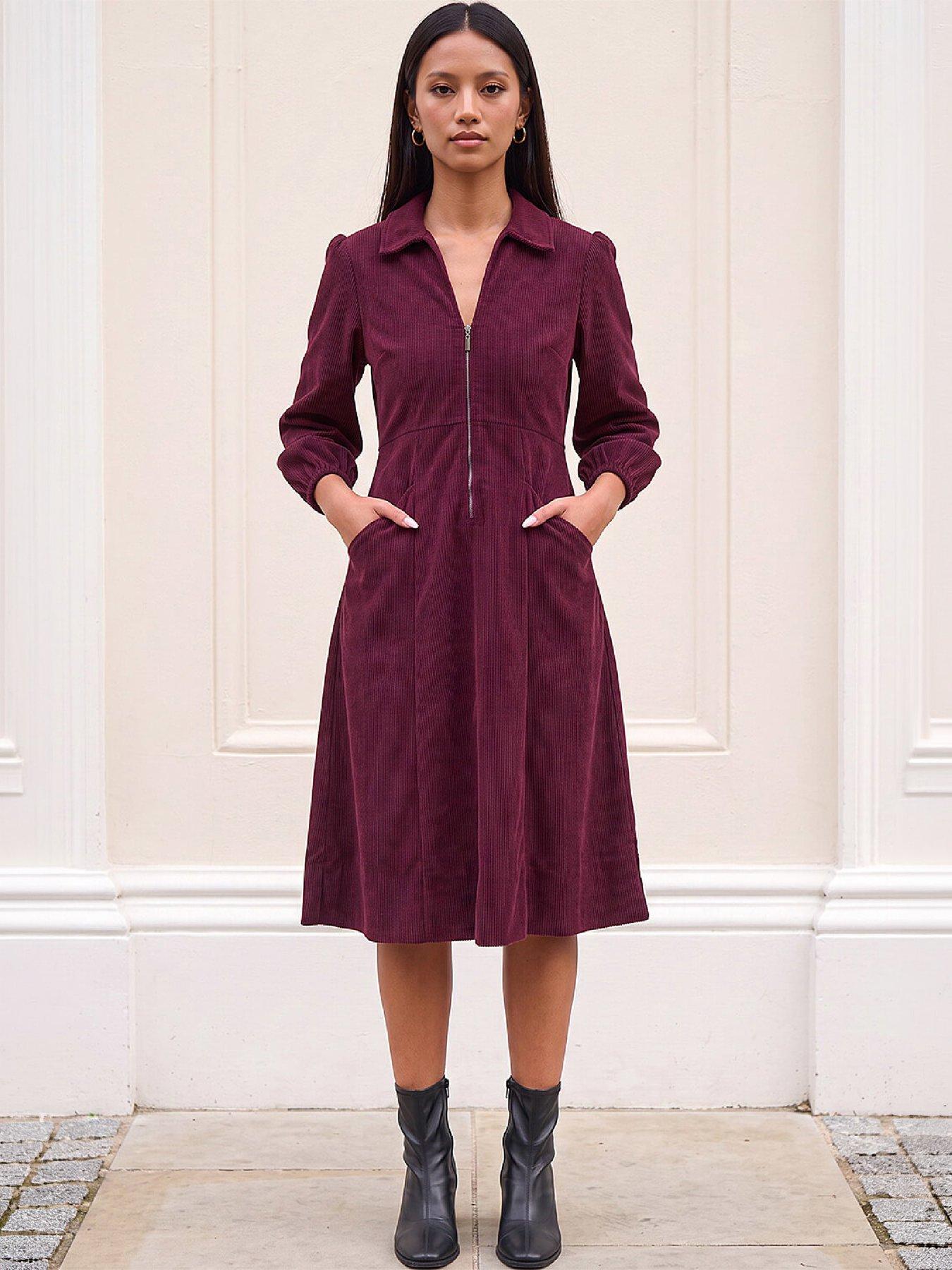 Image 4 of 4 of Roman Womens Petite Zip Front V Neck Midi Dress - Red