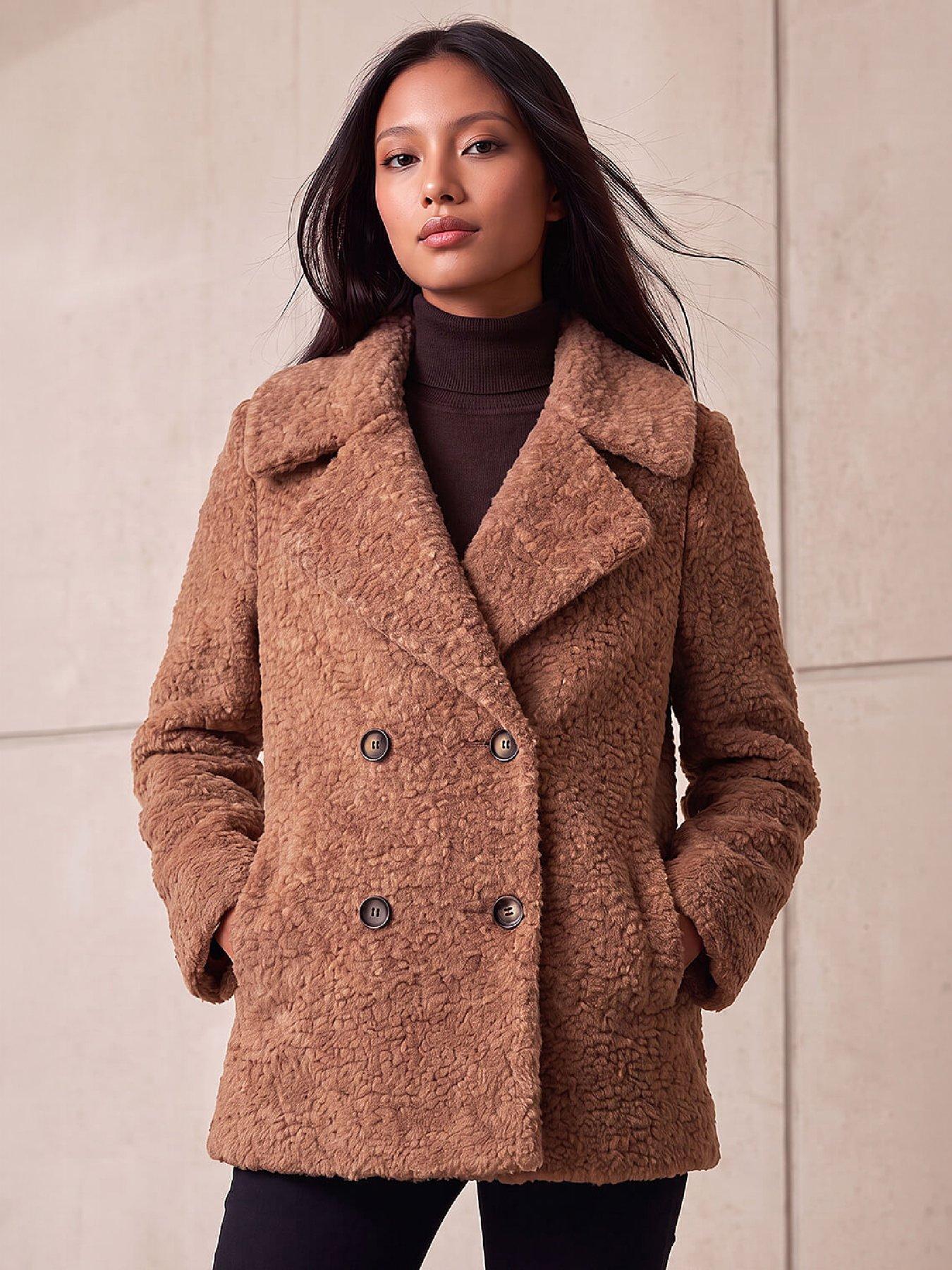 Image 1 of 4 of Roman Womens Petite Double Breasted Boucle Coat - Brown