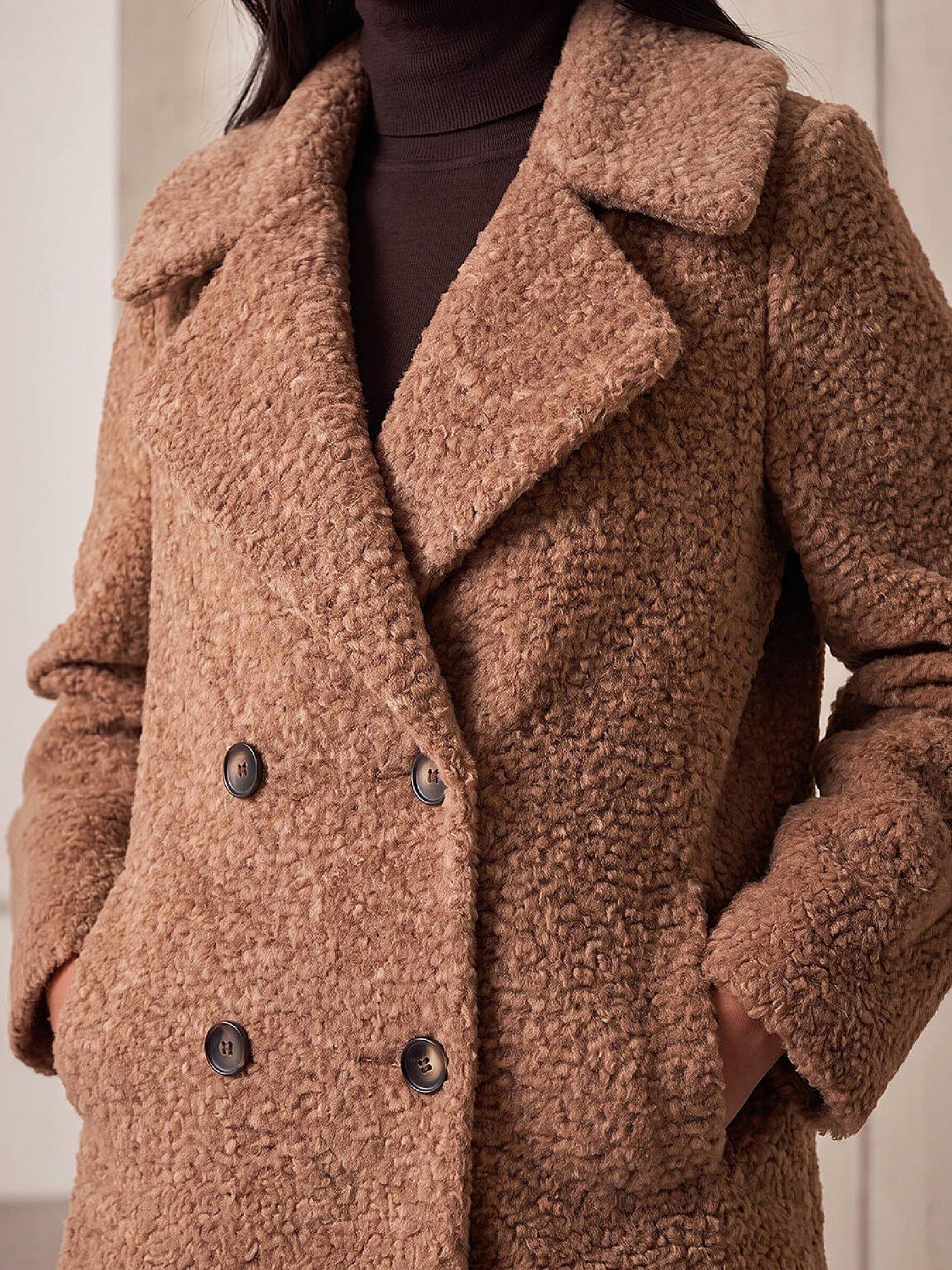 Image 2 of 4 of Roman Womens Petite Double Breasted Boucle Coat - Brown