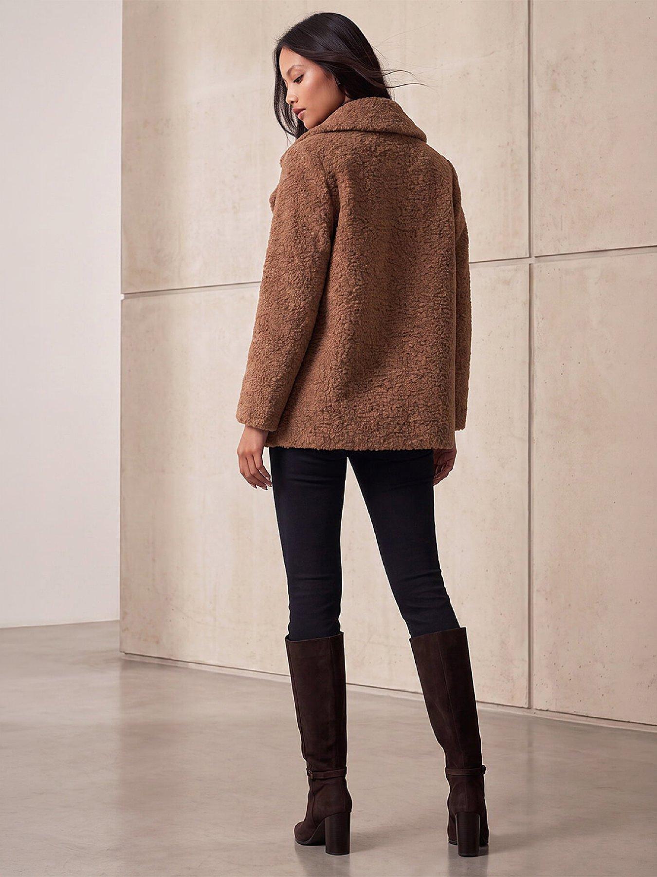 Image 3 of 4 of Roman Womens Petite Double Breasted Boucle Coat - Brown