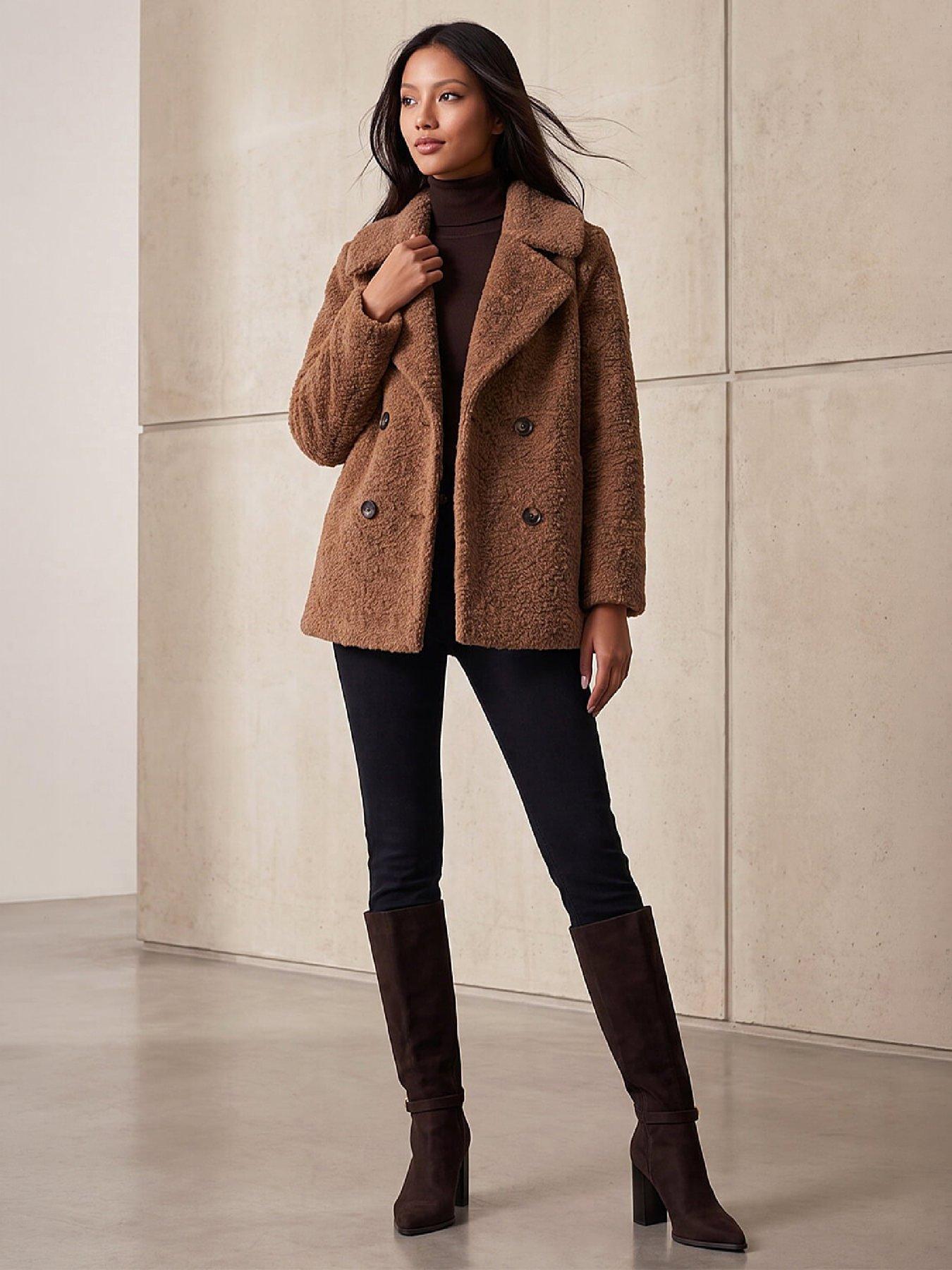 Image 4 of 4 of Roman Womens Petite Double Breasted Boucle Coat - Brown