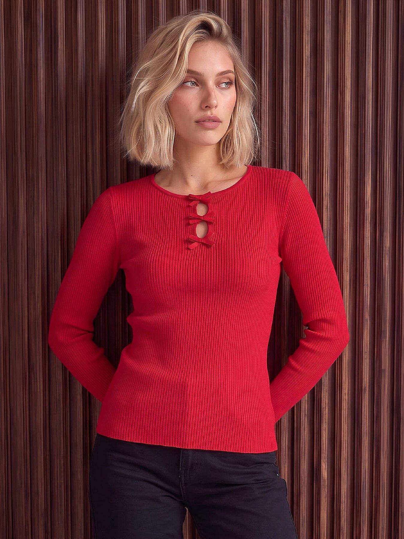 Image 1 of 4 of Roman Womens Bow Detail Keyhole Relaxed Fit Top - Red