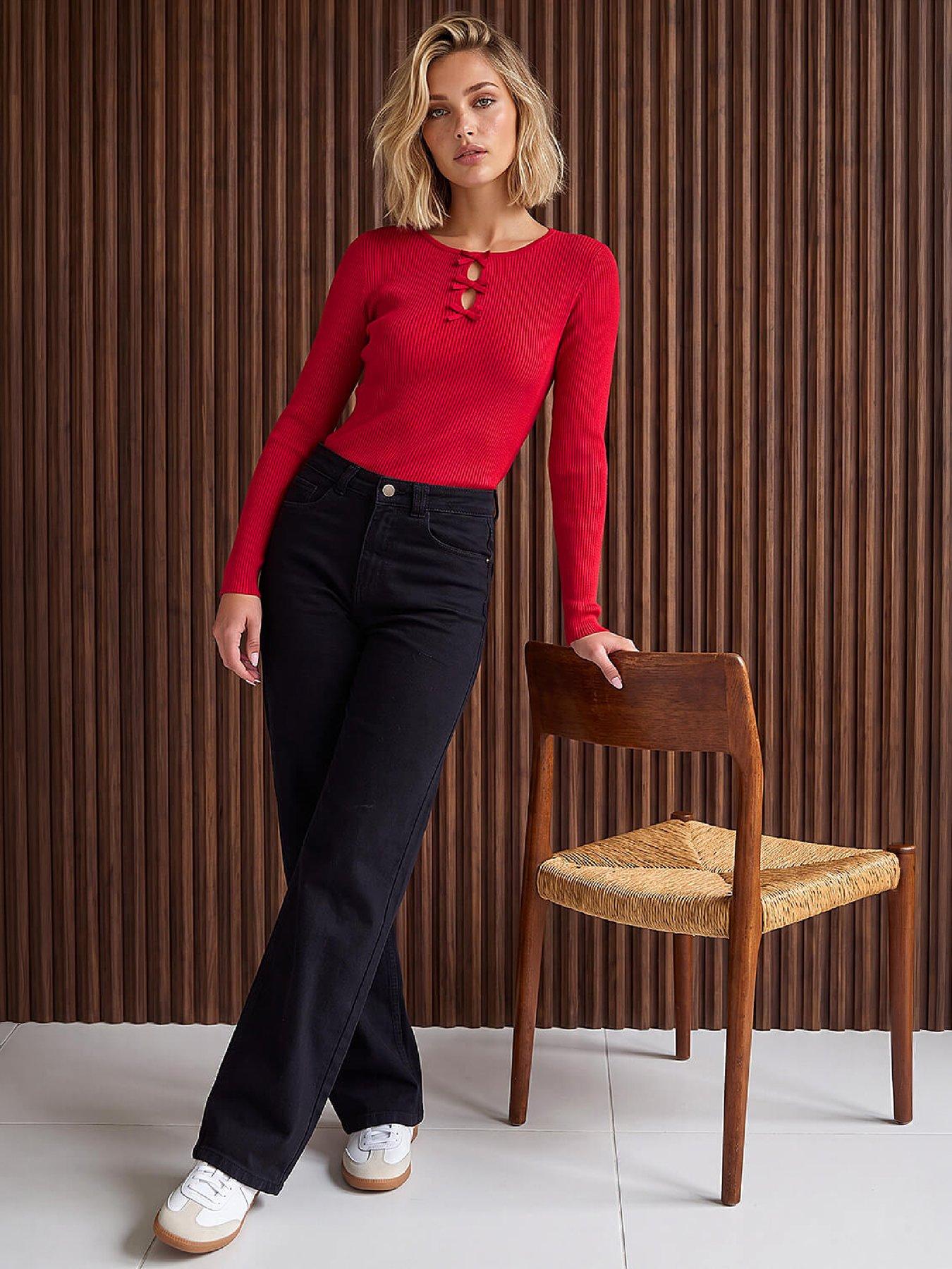 Image 3 of 4 of Roman Womens Bow Detail Keyhole Relaxed Fit Top - Red