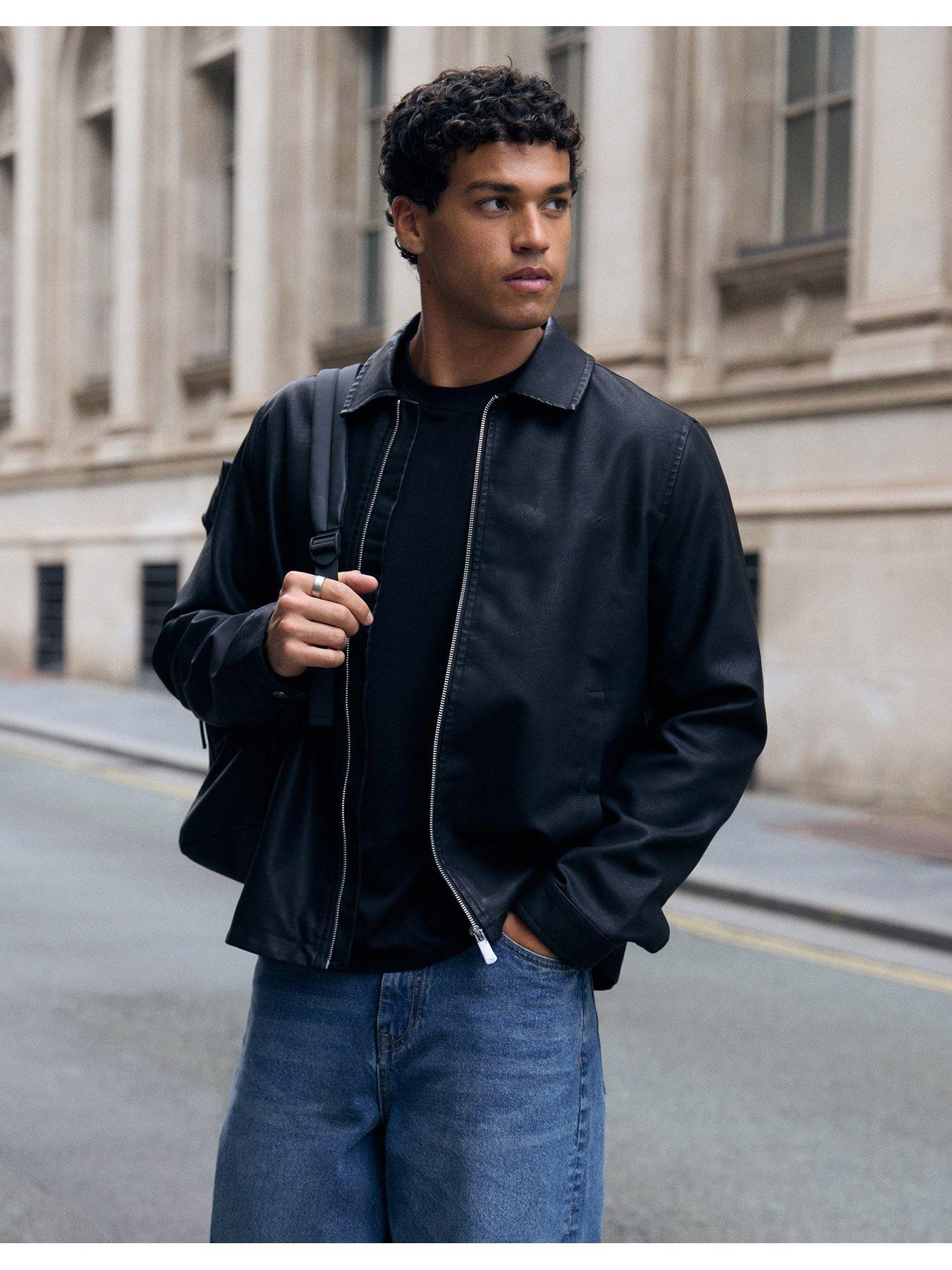 Image 1 of 7 of Threadbare Mens Collared Zip Front Faux Leather Jacket - Black