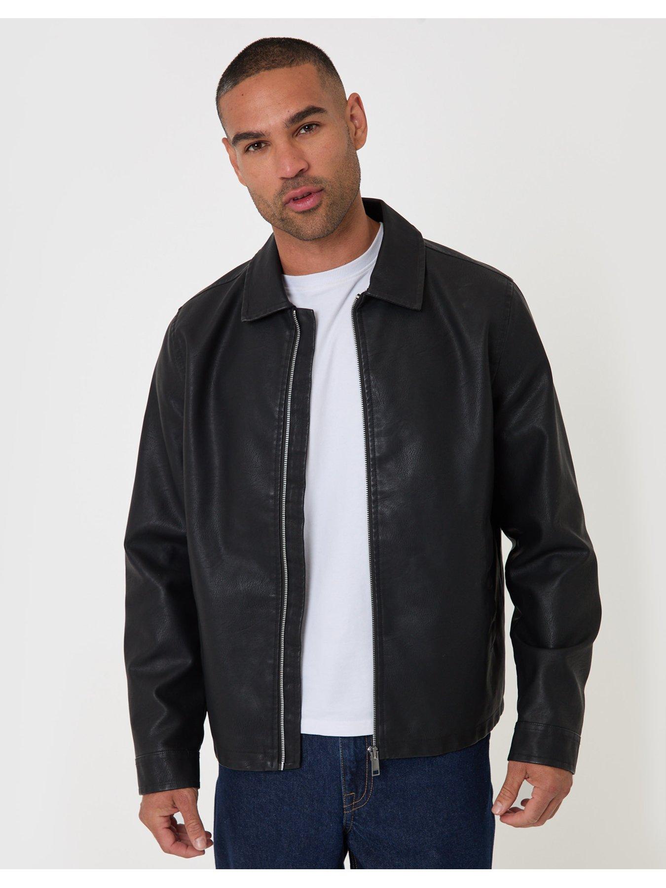 Image 5 of 7 of Threadbare Mens Collared Zip Front Faux Leather Jacket - Black