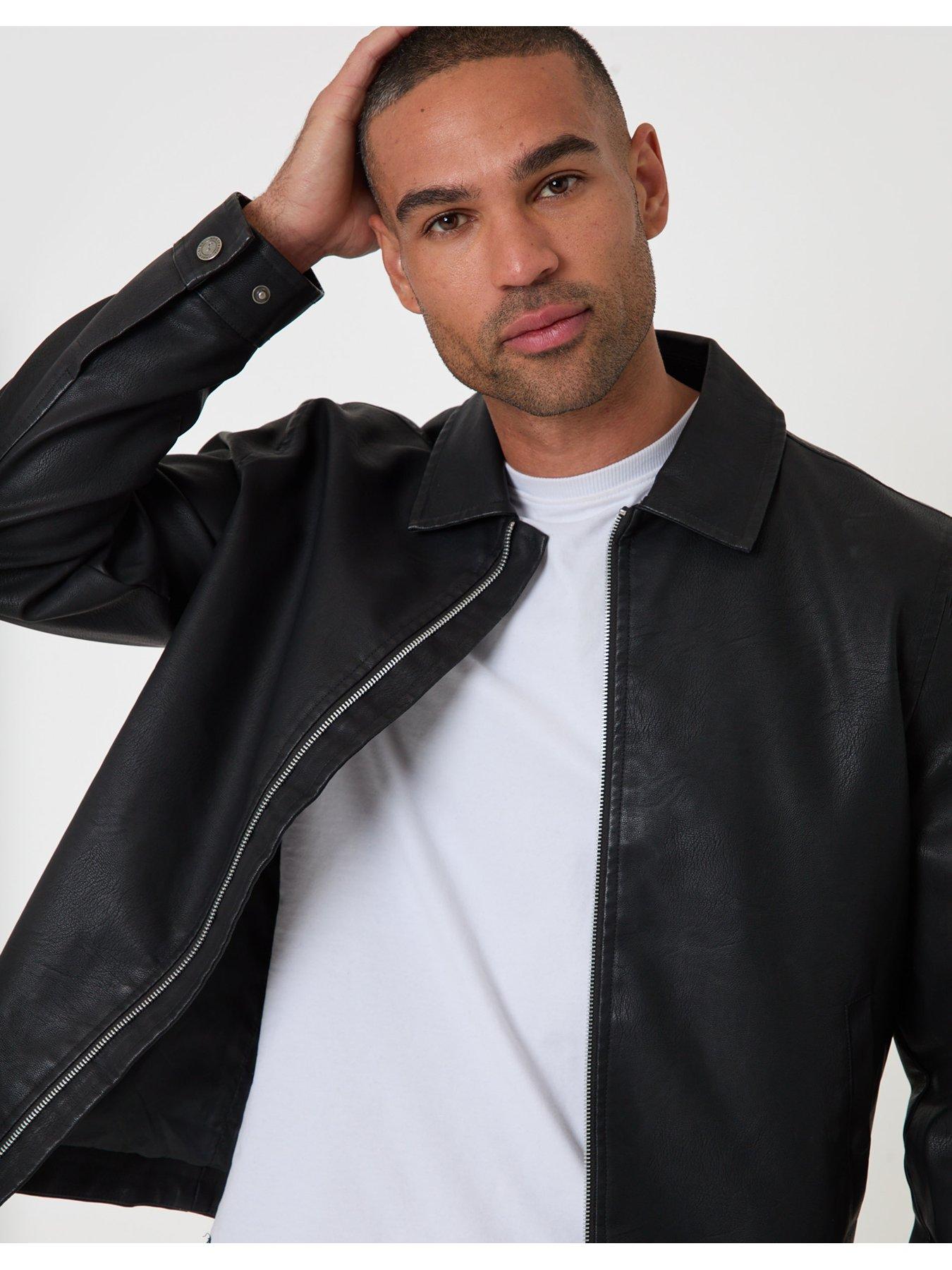 Image 6 of 7 of Threadbare Mens Collared Zip Front Faux Leather Jacket - Black