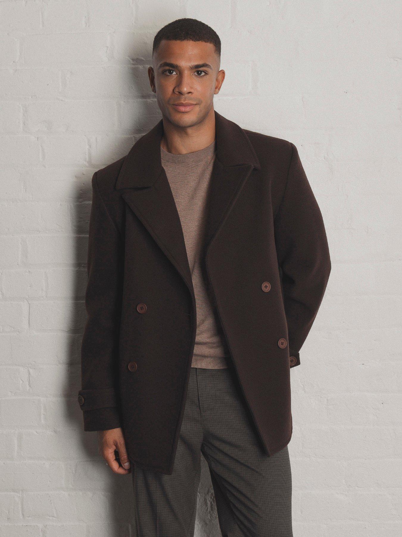 Image 1 of 5 of Threadbare Faux Wool Double Breasted Short Trench Coat In Chocolate Brown