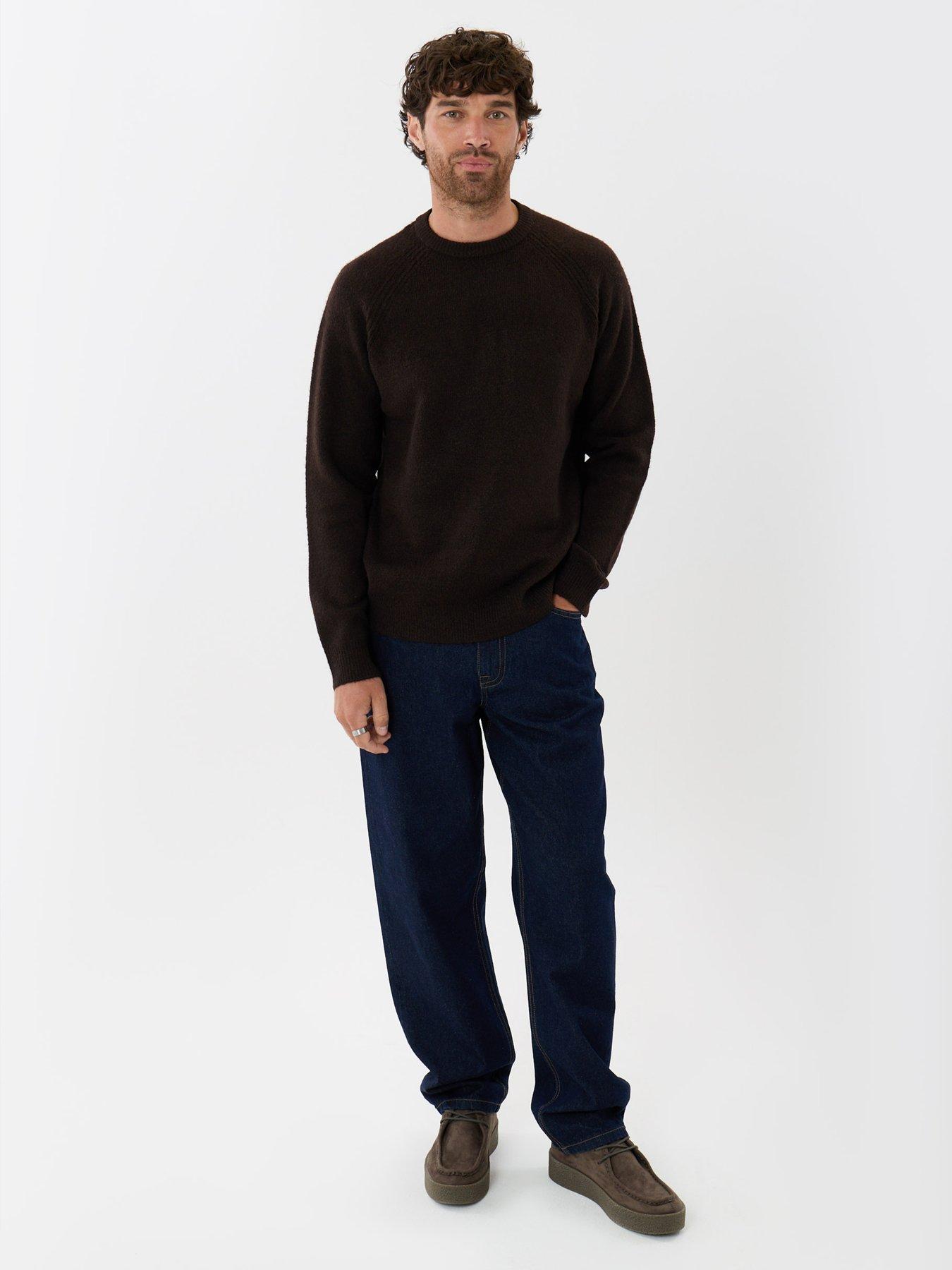 Image 3 of 5 of Threadbare Mens Raglan Crew Neck Ribbed Knit Jumper - Brown
