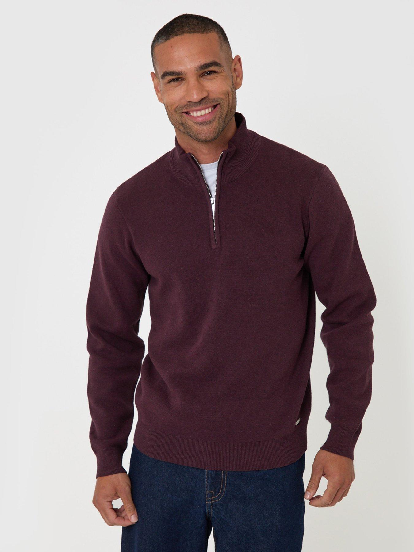 Image 1 of 7 of Threadbare Mens Cotton-Rich Quarter Zip High Collar Jumper - Burgundy
