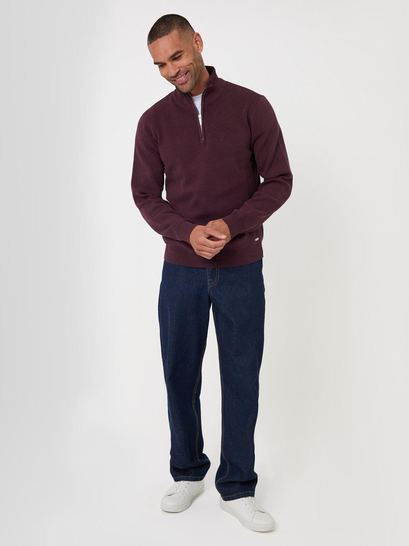 Image 3 of 7 of Threadbare Mens Cotton-Rich Quarter Zip High Collar Jumper - Burgundy
