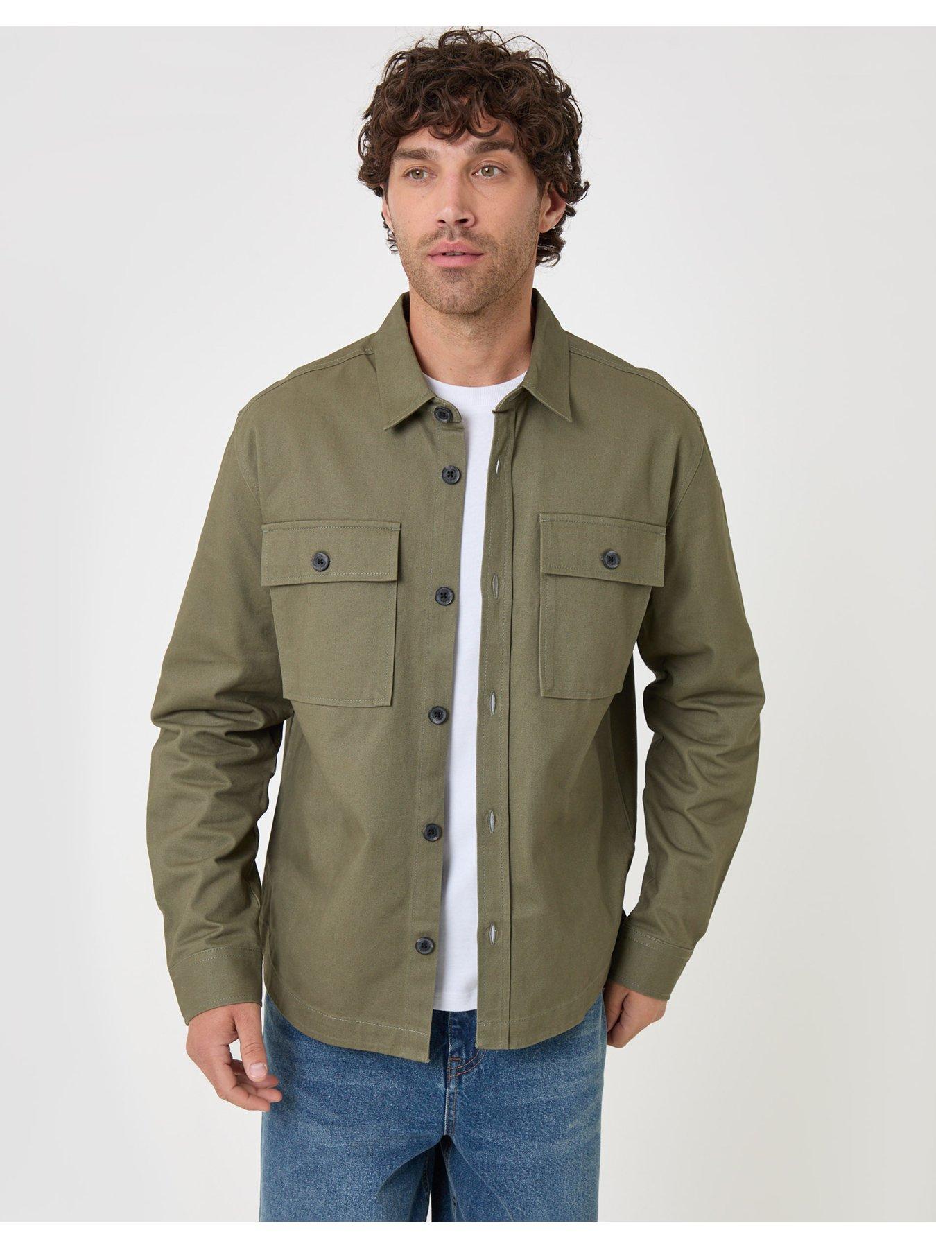 Image 1 of 5 of Threadbare Mens Cotton Twill Button-Through Pocket Shacket - Olive Green