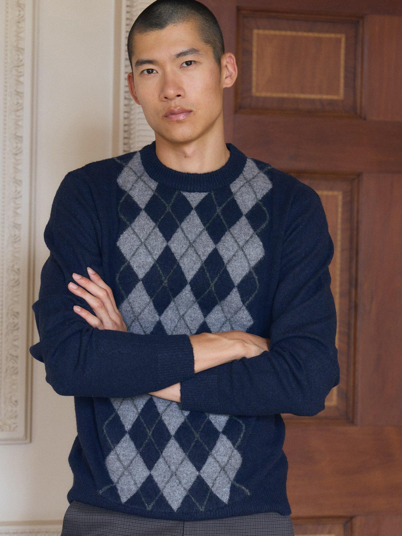 Image 1 of 4 of Threadbare Argyle Crew Neck Jumper In Navy Patterned