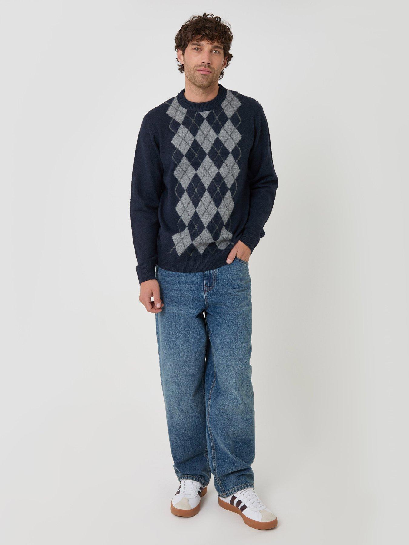 Image 3 of 4 of Threadbare Argyle Crew Neck Jumper In Navy Patterned