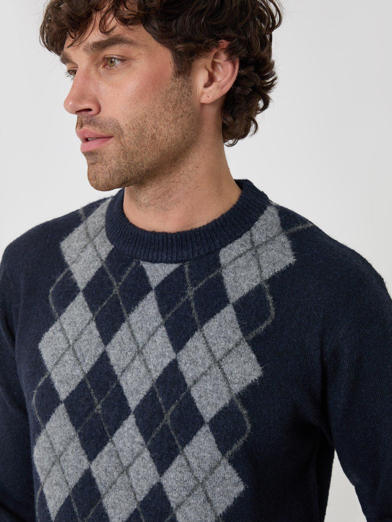 Image 4 of 4 of Threadbare Argyle Crew Neck Jumper In Navy Patterned
