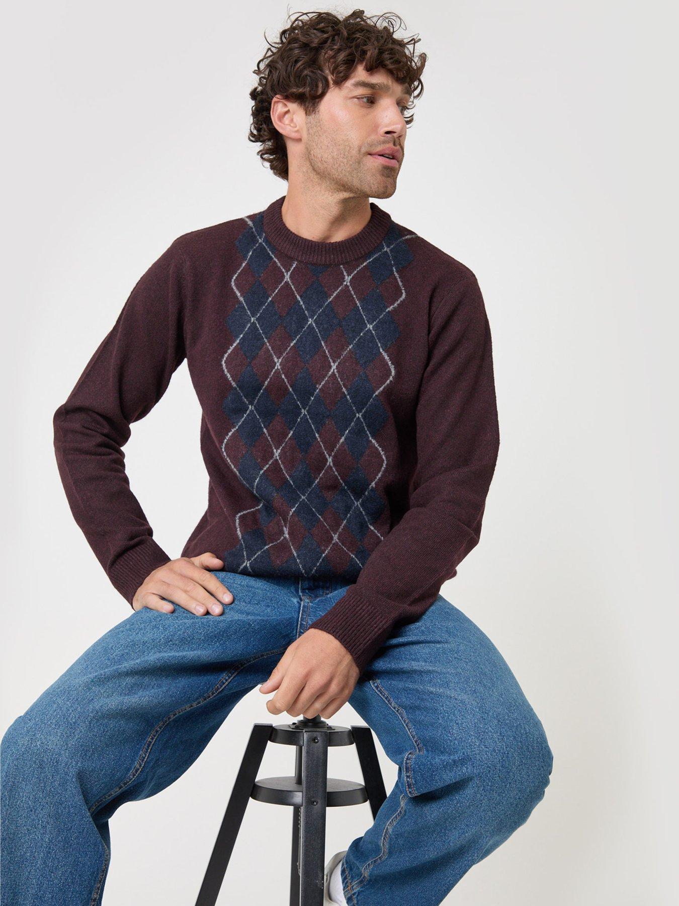 Image 1 of 5 of Threadbare Argyle Crew Neck Jumper In Burgundy