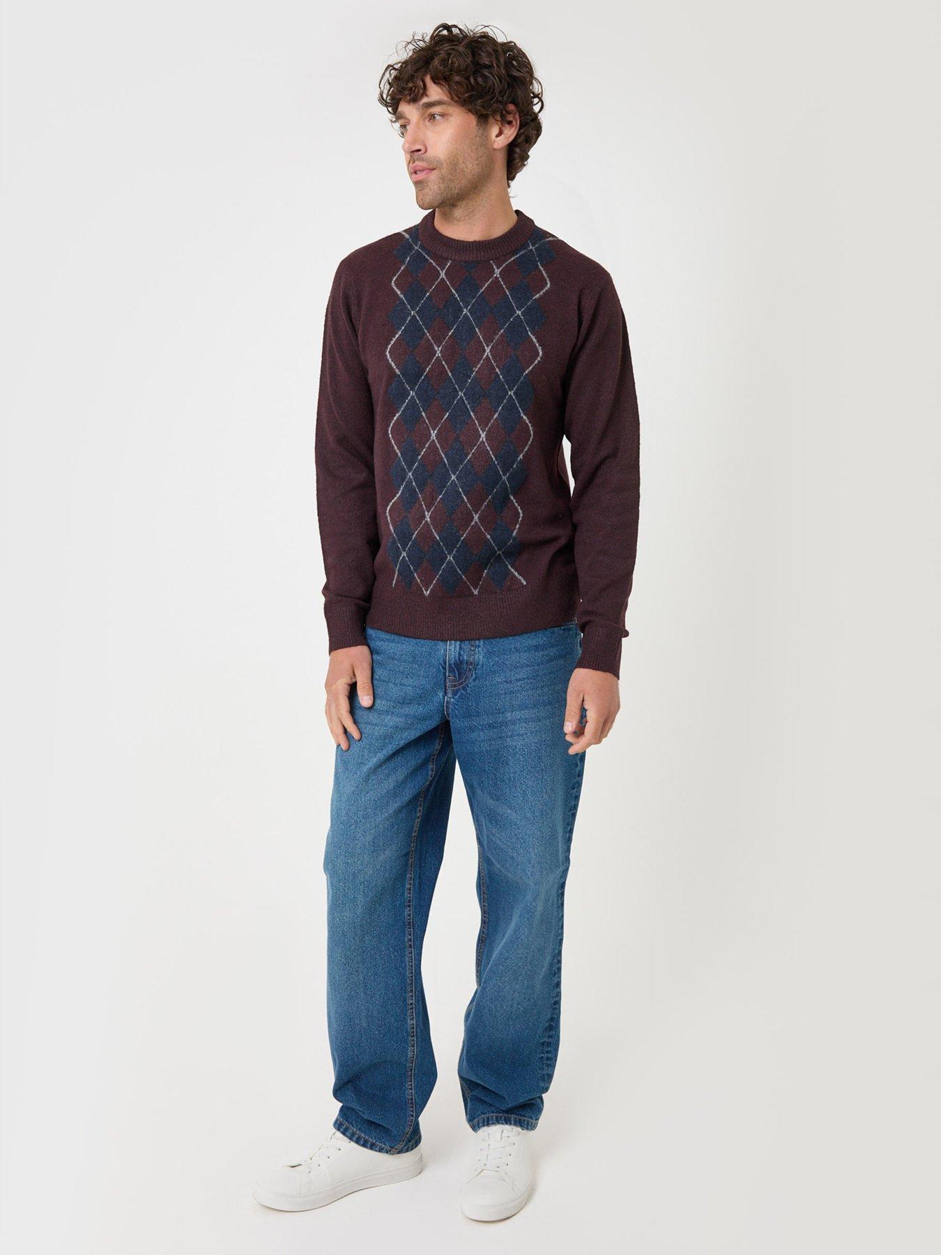 Image 3 of 5 of Threadbare Argyle Crew Neck Jumper In Burgundy