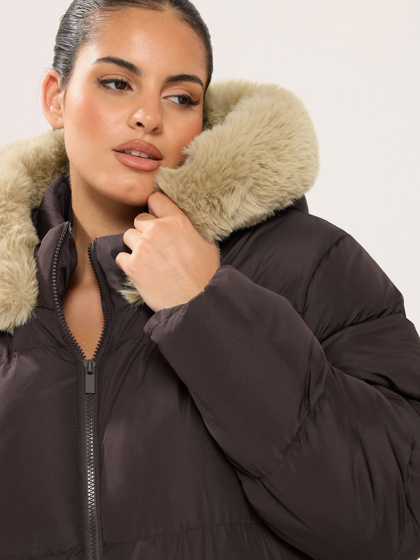 Image 4 of 4 of Yours Curve Plush Fur Trim Padded Puffer Coat