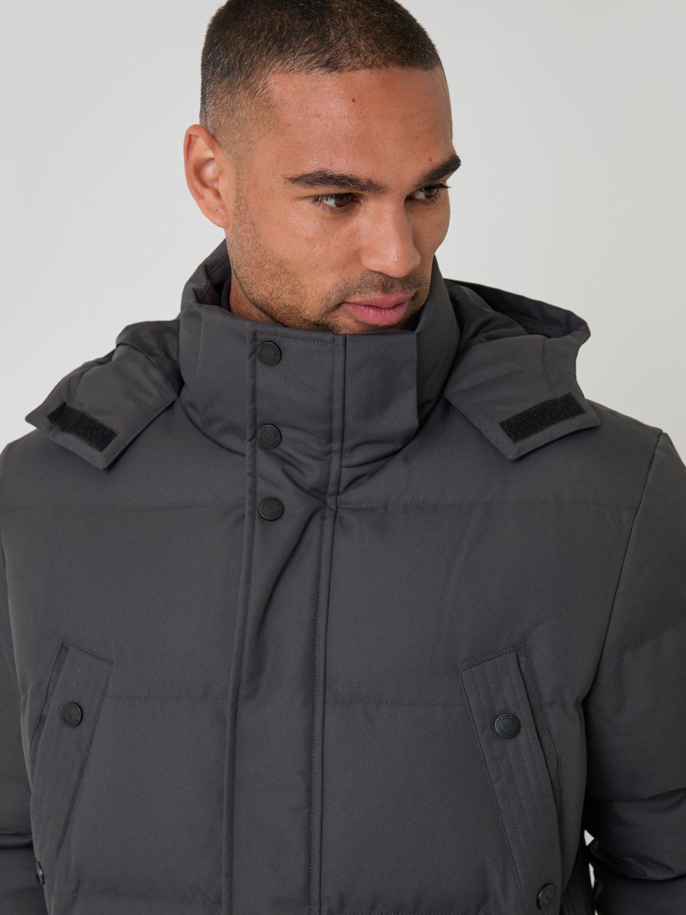 Image 4 of 6 of Threadbare Mens Coco Padded Detachable Hood Longer Length Jacket - Slate Grey