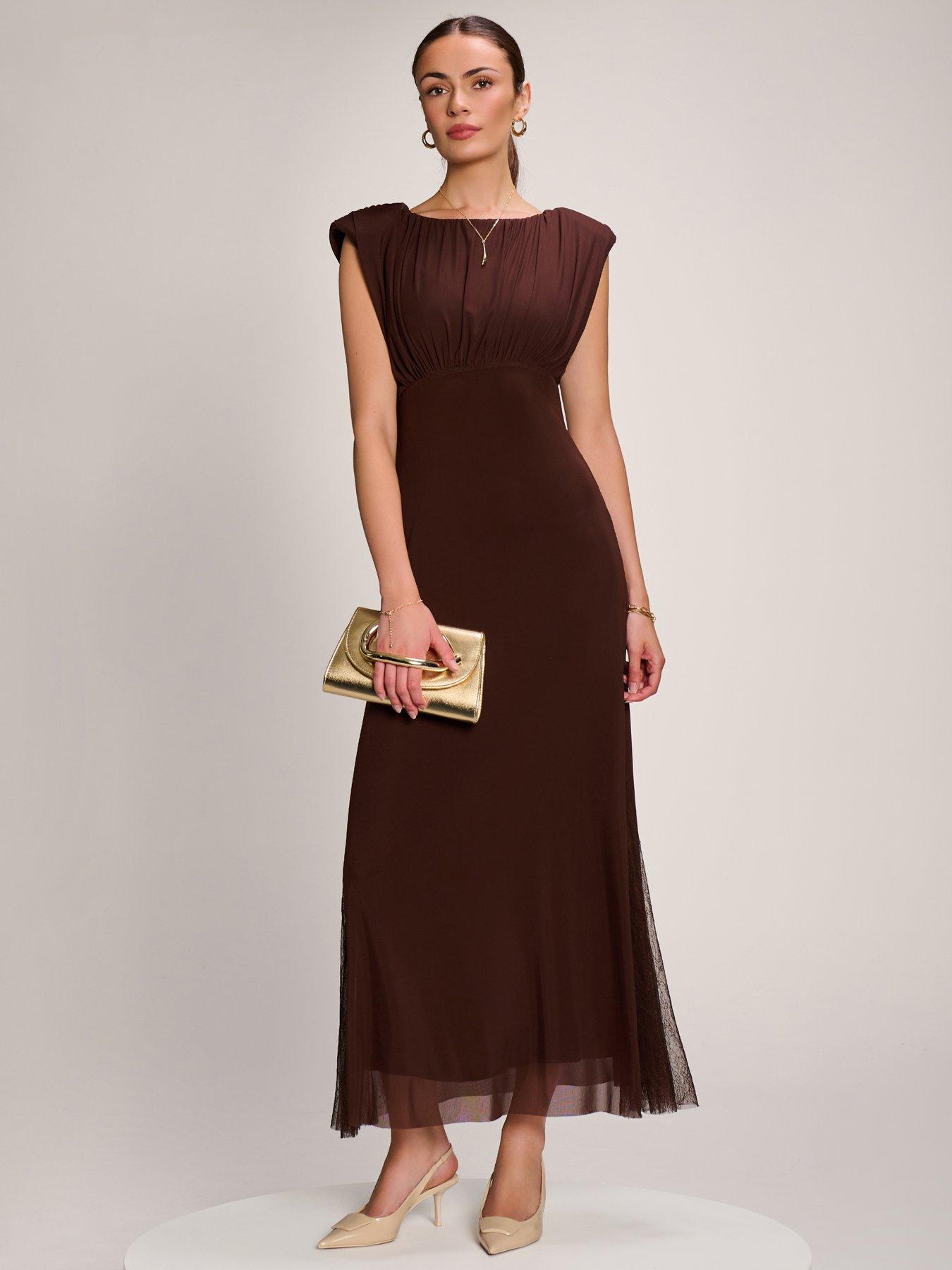 Image 1 of 7 of Jolie Moi Lace Insert Mesh Maxi Dress