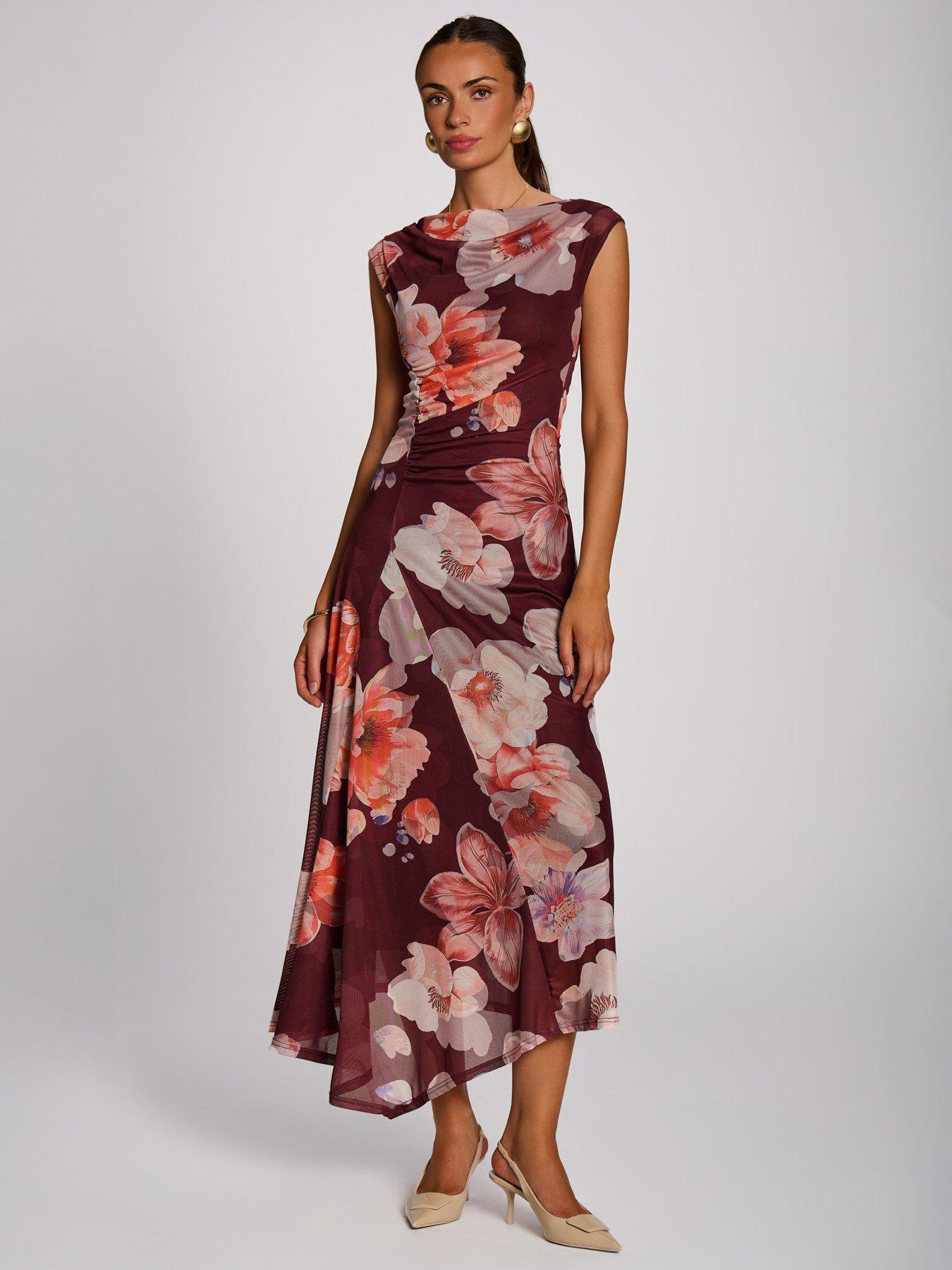 Image 1 of 6 of Jolie Moi Womens Draped Mesh Asymmetric Maxi Dress - Red