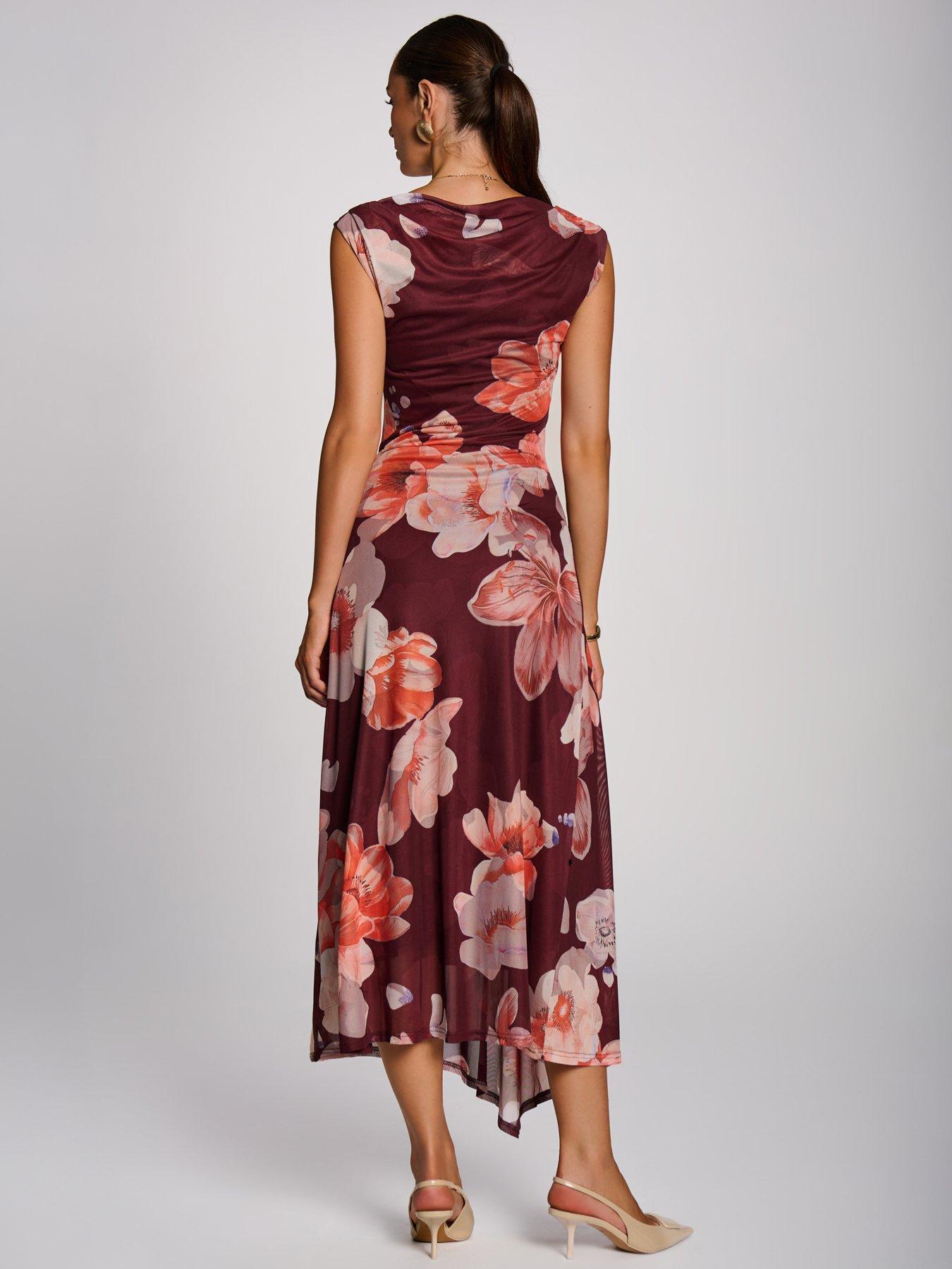 Image 2 of 6 of Jolie Moi Womens Draped Mesh Asymmetric Maxi Dress - Red
