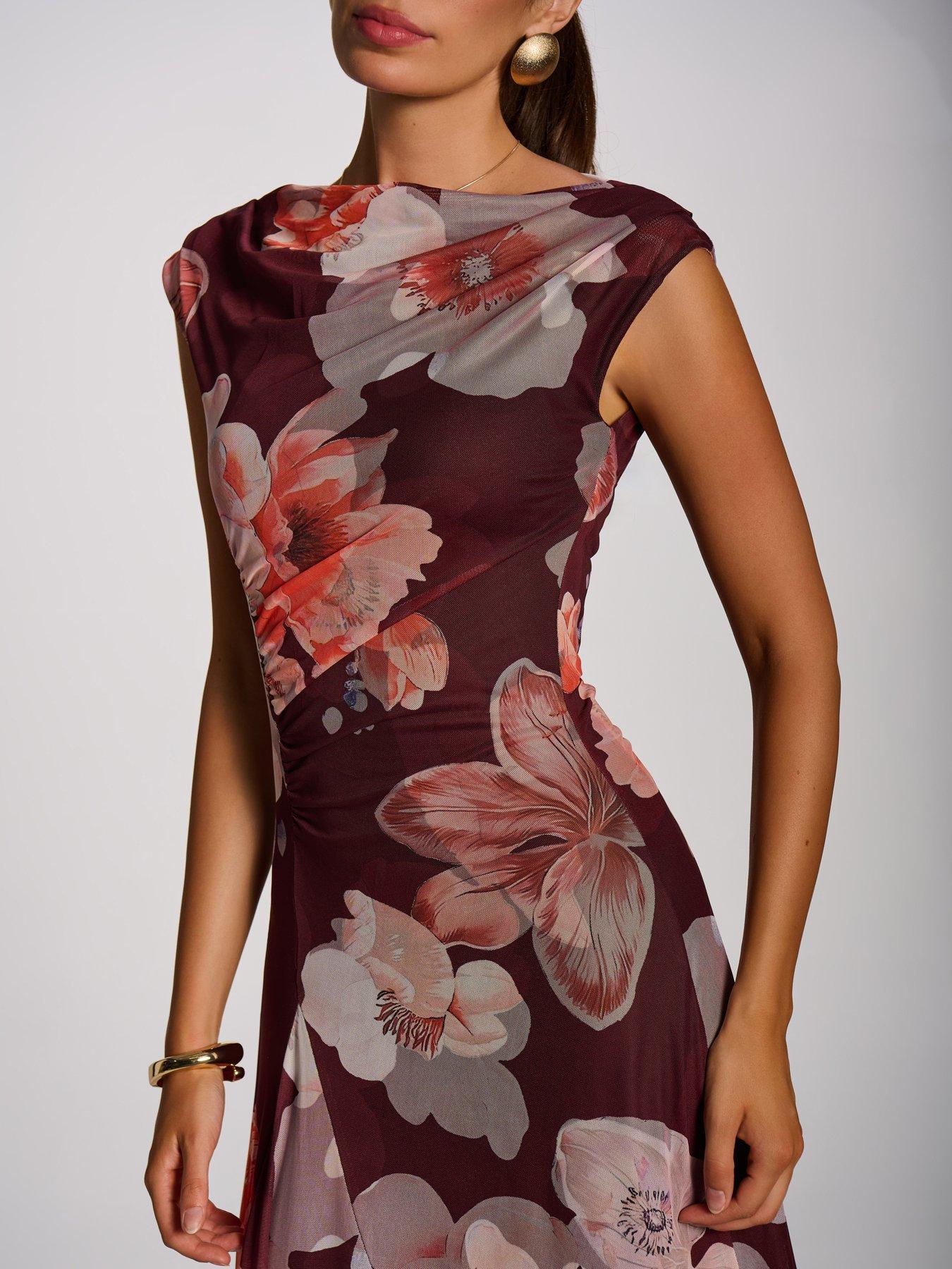 Image 4 of 6 of Jolie Moi Womens Draped Mesh Asymmetric Maxi Dress - Red