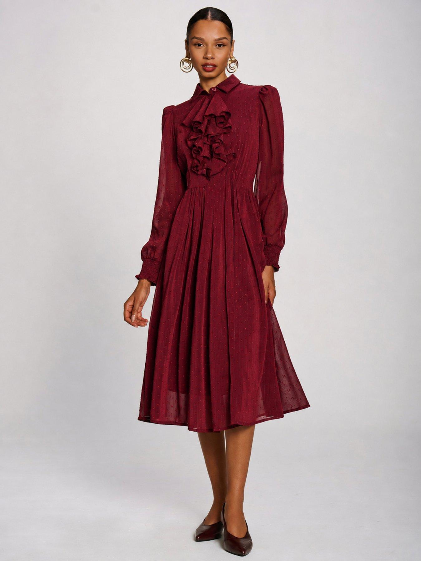 Image 1 of 7 of Jolie Moi Womens Textured Chiffon Ruffle Shirt Dress - Red