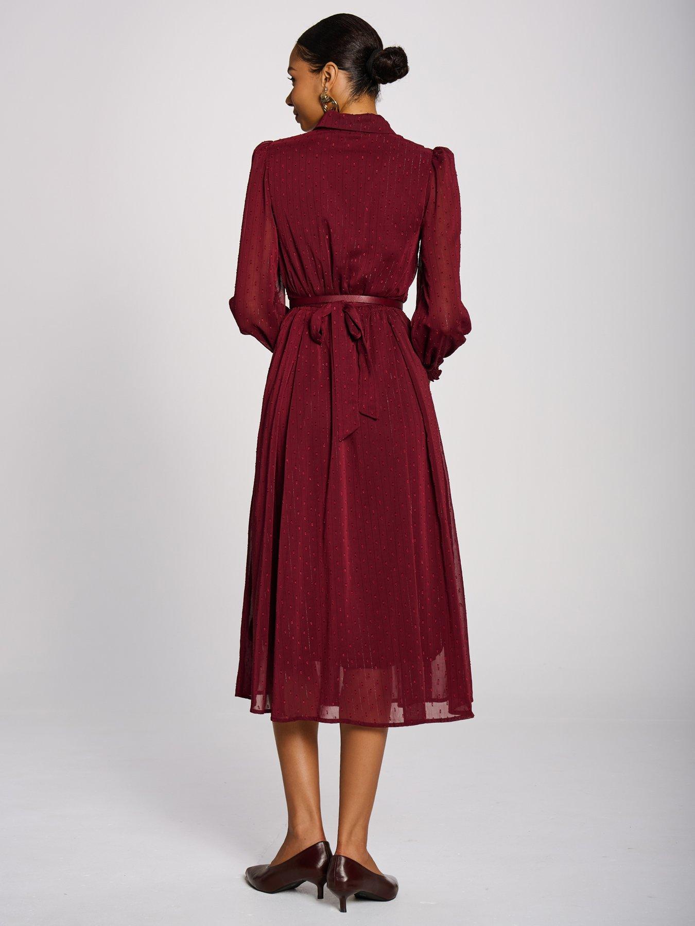 Image 2 of 7 of Jolie Moi Womens Textured Chiffon Ruffle Shirt Dress - Red