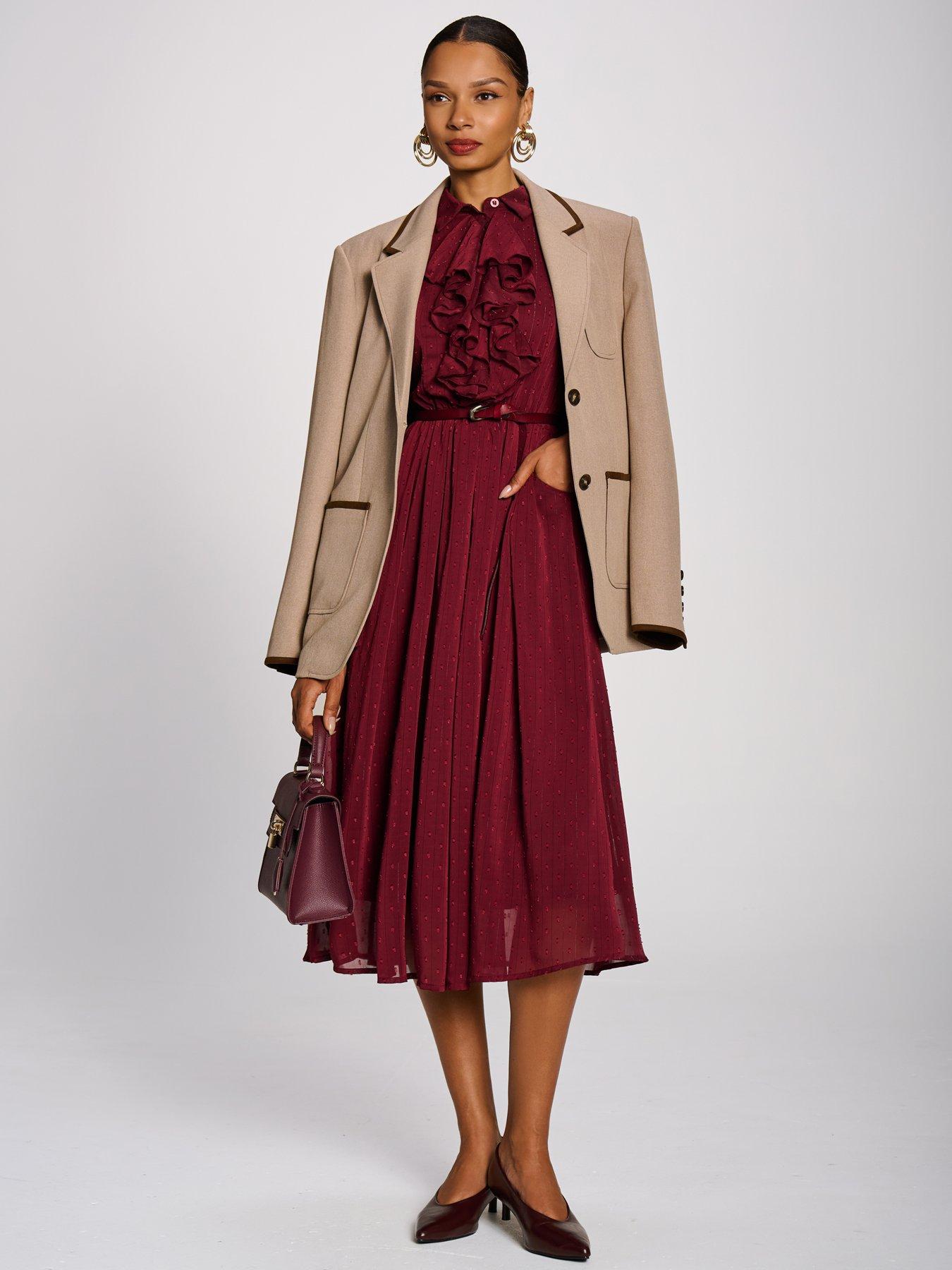 Image 3 of 7 of Jolie Moi Womens Textured Chiffon Ruffle Shirt Dress - Red