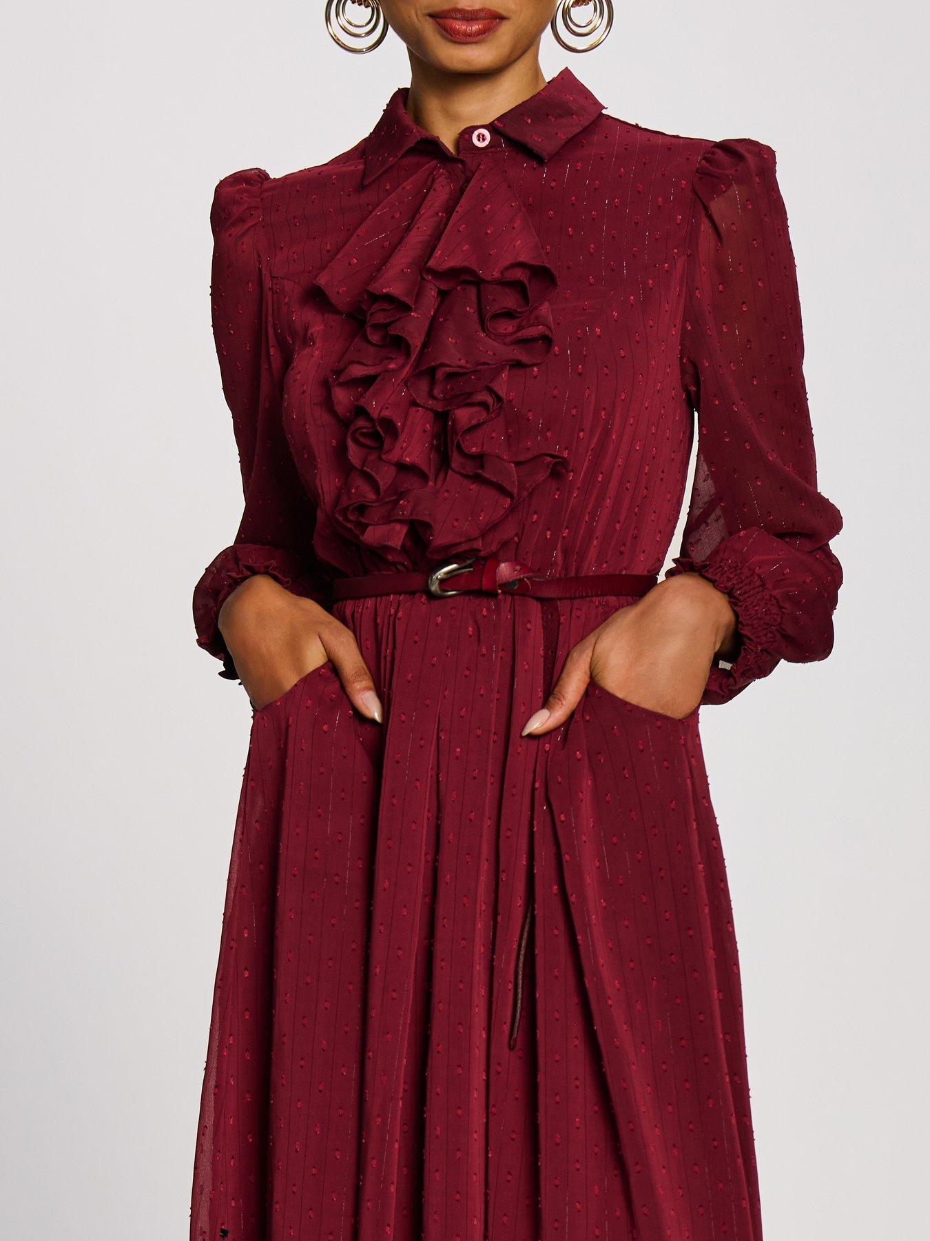 Image 4 of 7 of Jolie Moi Womens Textured Chiffon Ruffle Shirt Dress - Red