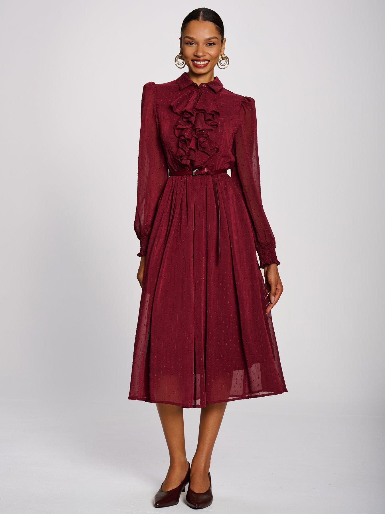 Image 5 of 7 of Jolie Moi Womens Textured Chiffon Ruffle Shirt Dress - Red