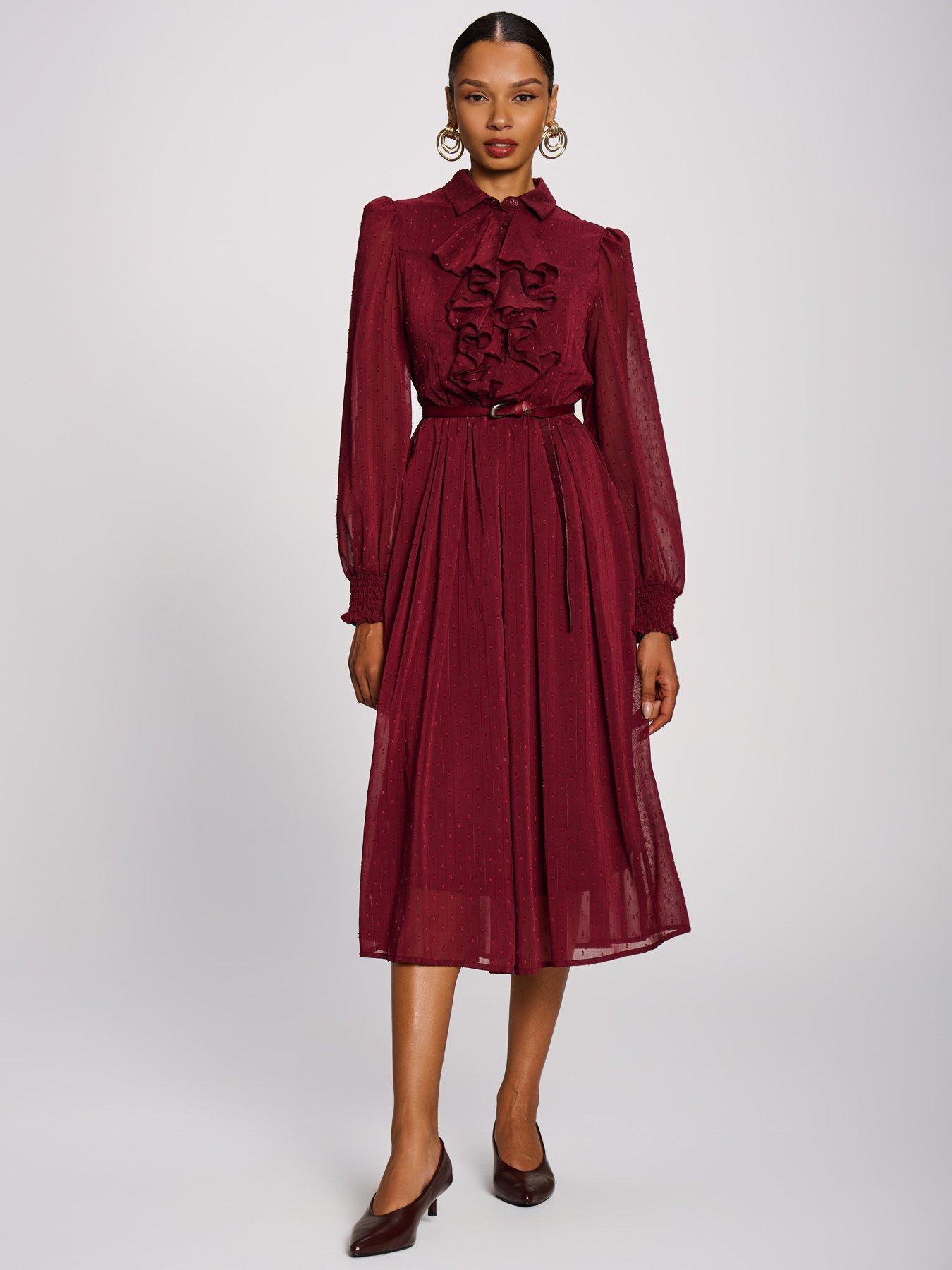 Image 6 of 7 of Jolie Moi Womens Textured Chiffon Ruffle Shirt Dress - Red