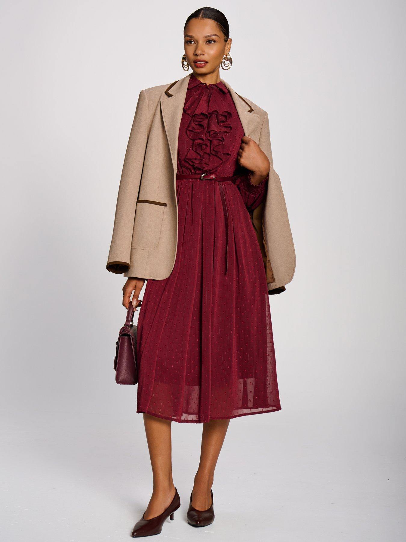 Image 7 of 7 of Jolie Moi Womens Textured Chiffon Ruffle Shirt Dress - Red